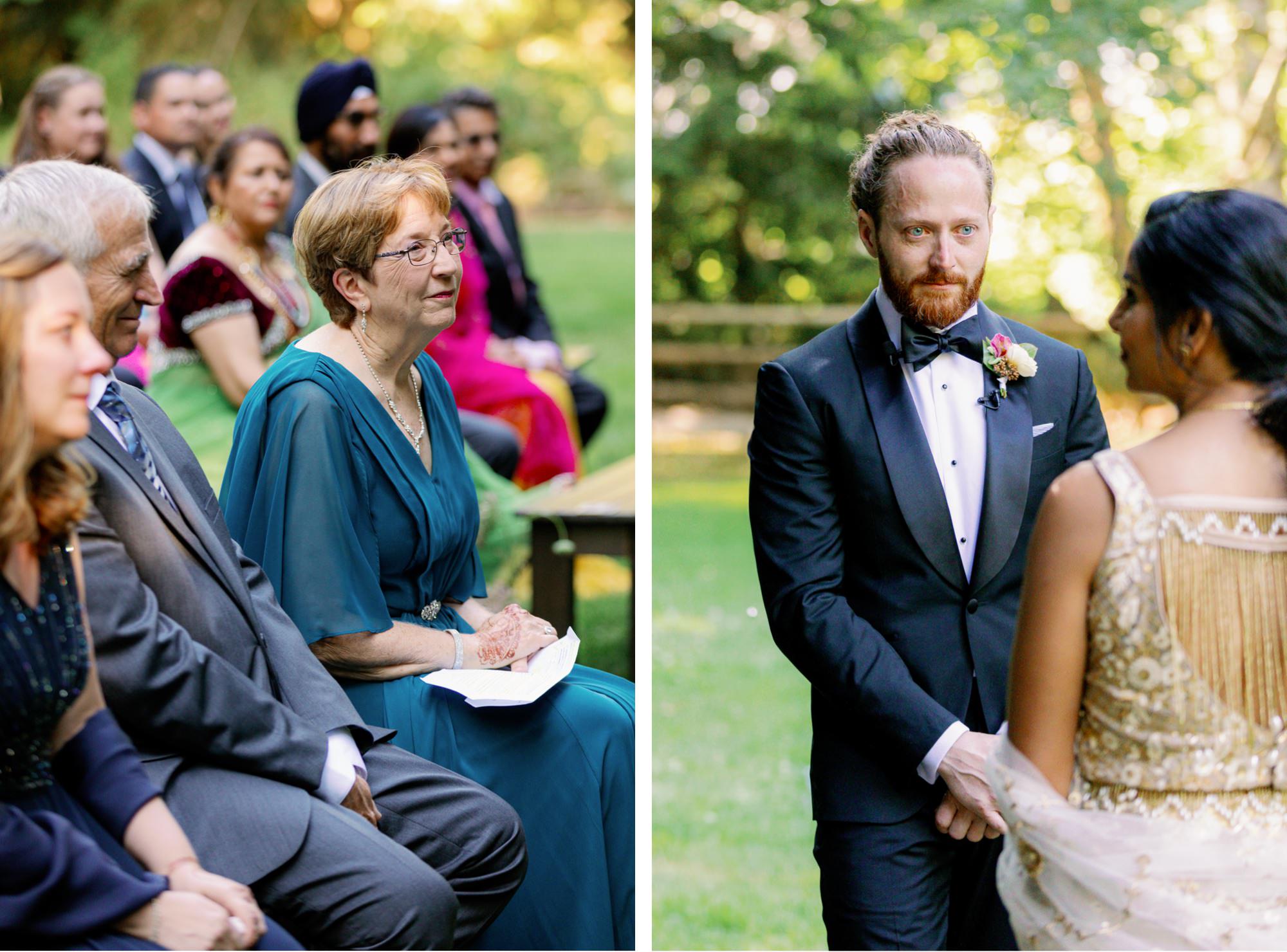 Guests watching the wedding ceremony attentively while the groom looks at the bride.