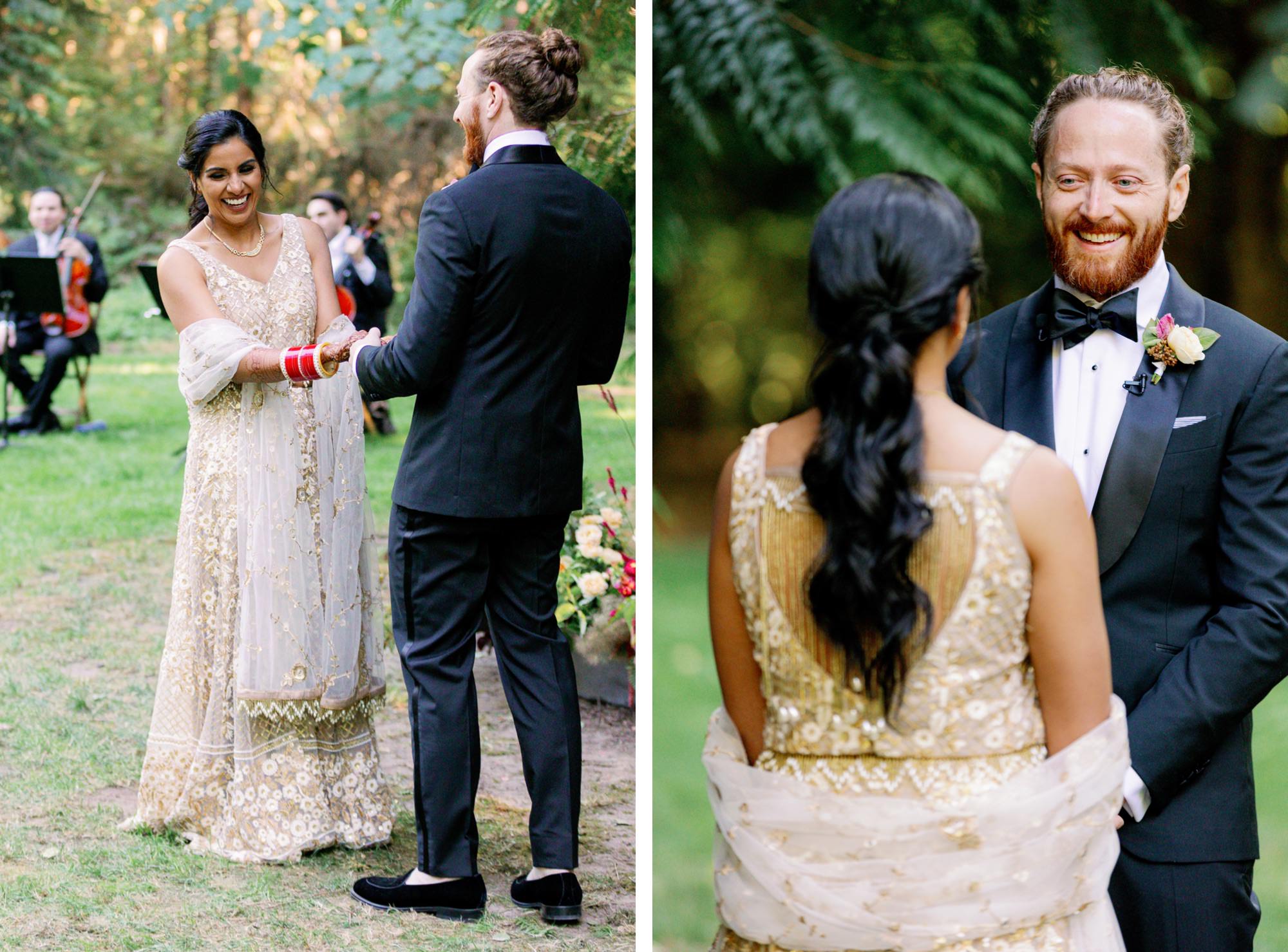 Bride and groom exchanging rings with the groom smiling warmly.