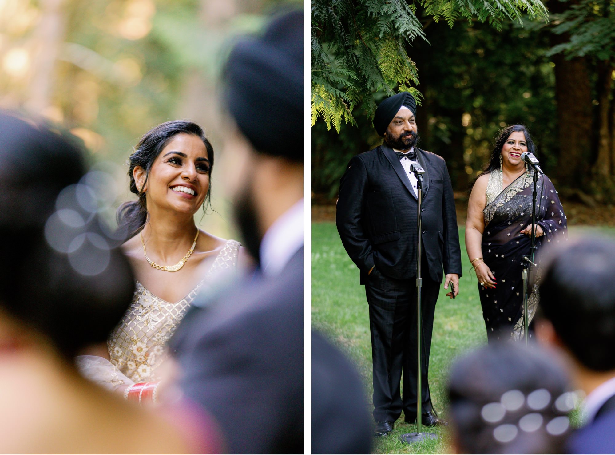 Bride smiling during the wedding ceremony at IslandWood; parents giving a heartfelt speech.