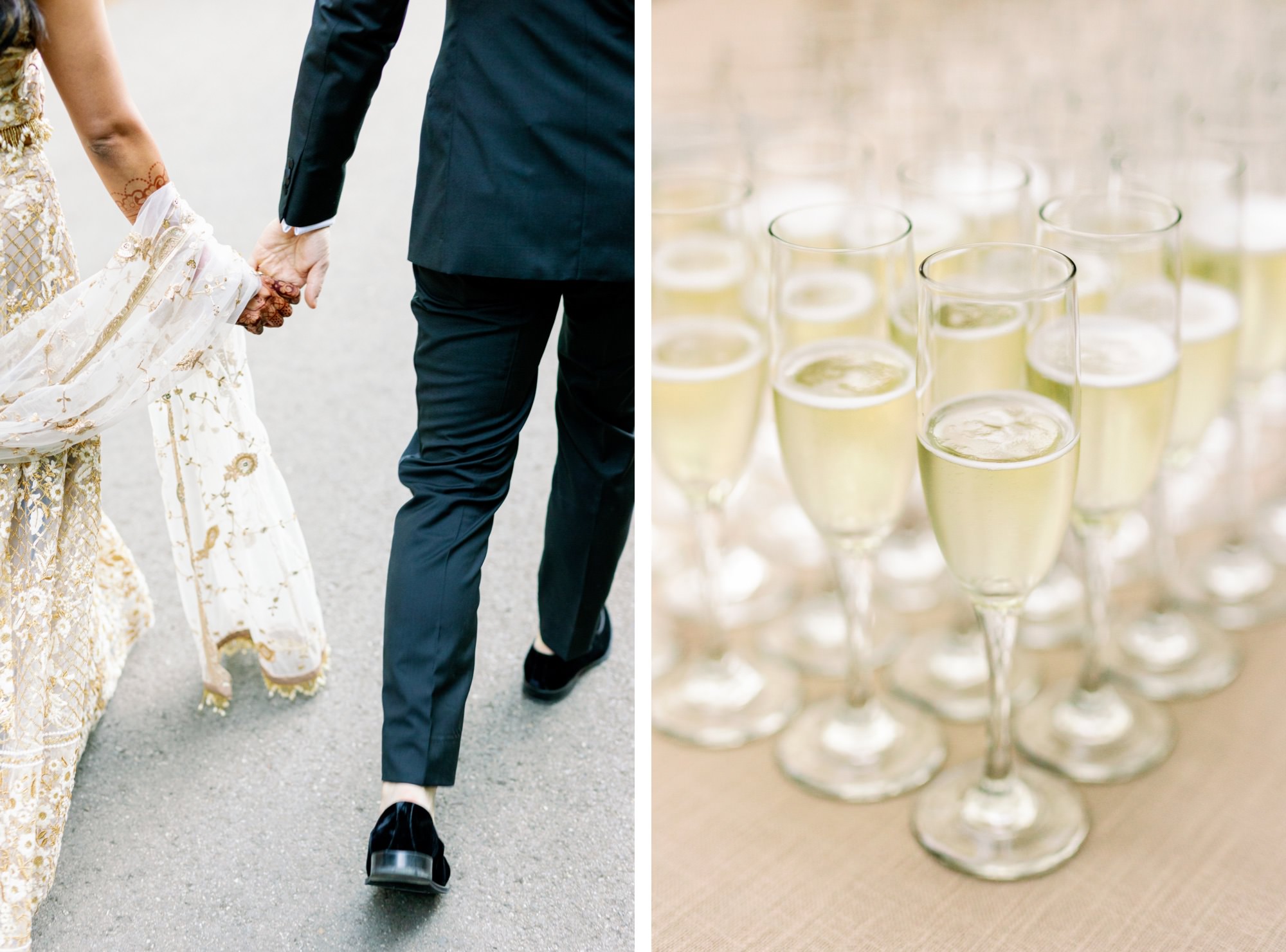 Couple holding hands and walking away together; glasses of champagne at the reception.