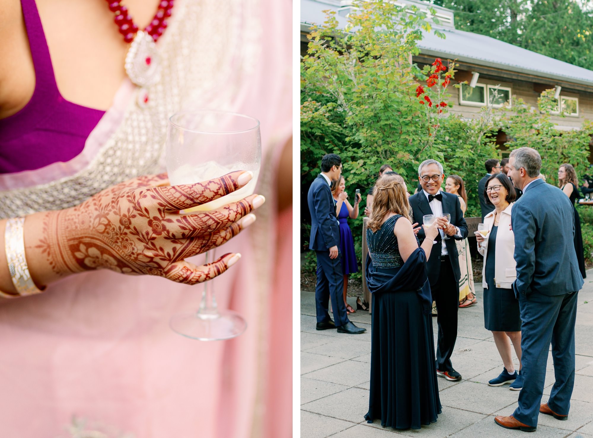 Detailed mehndi design on a guest's hand holding a drink; guests socializing at the wedding reception.