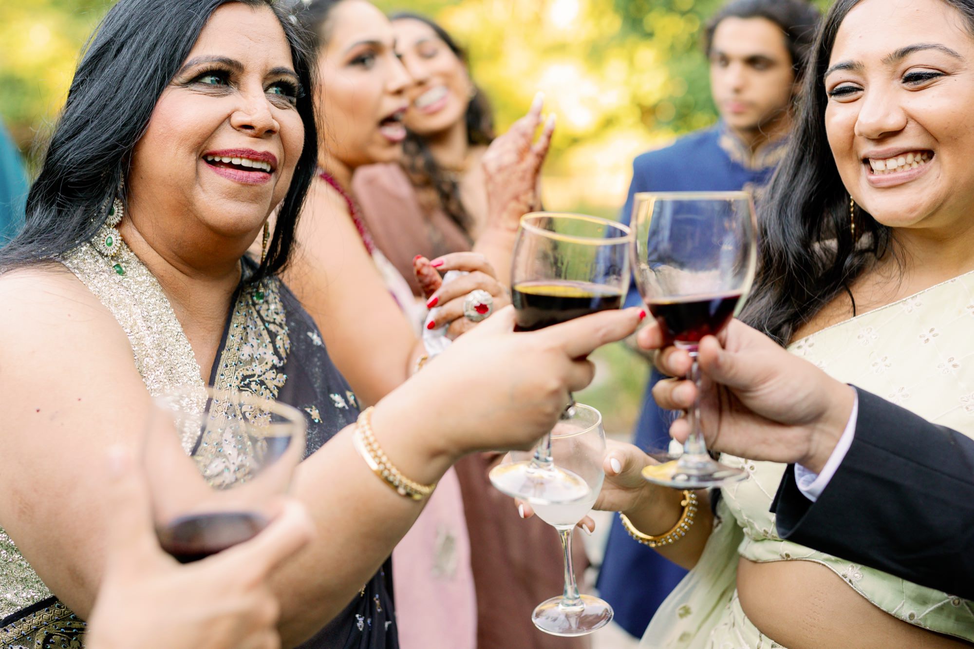 Guests raising glasses for a toast and sharing a joyful moment.