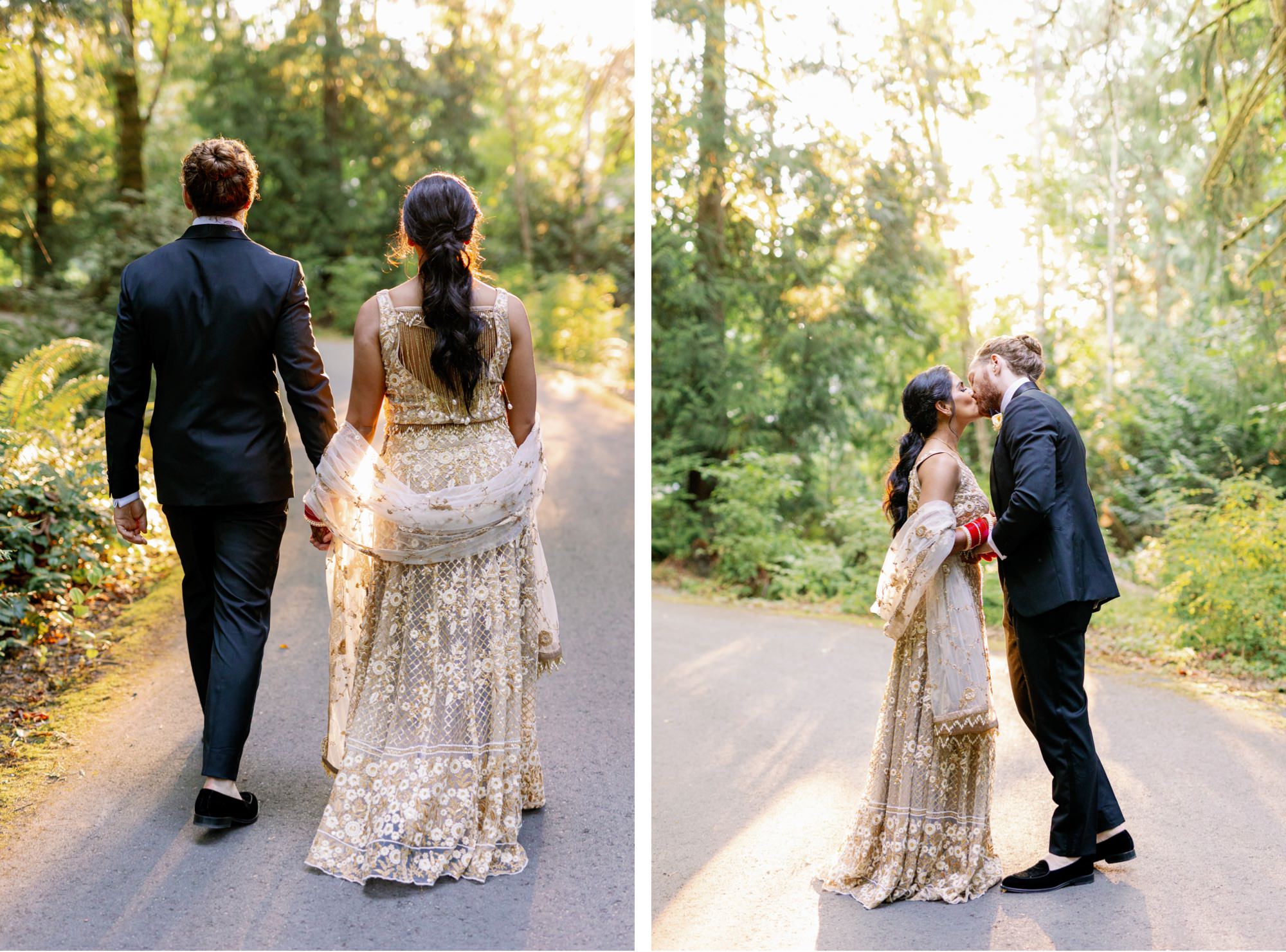 Couple holding hands and walking down a sunlit path; couple sharing a kiss on a wooded path.