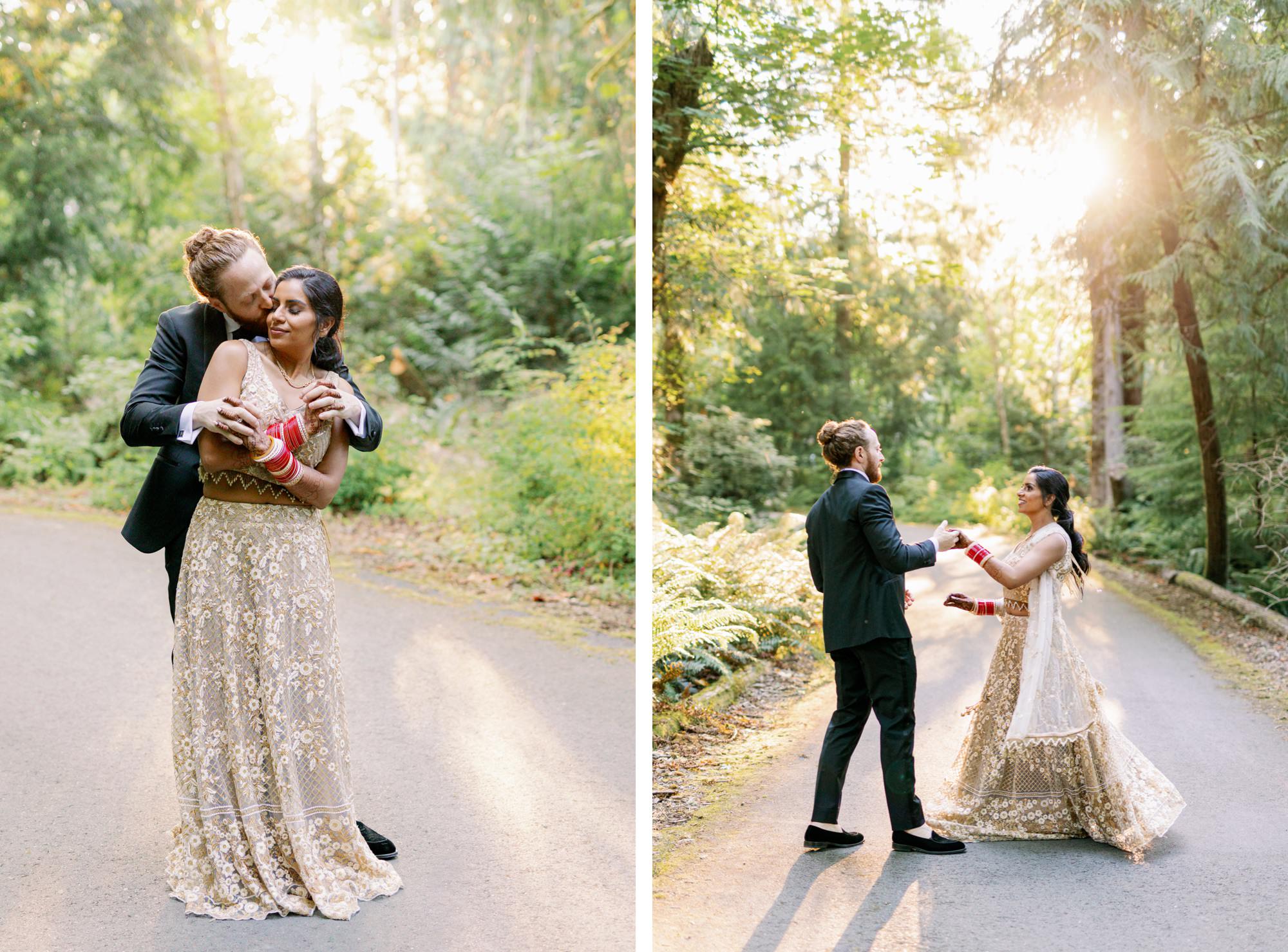 Groom embracing bride from behind during their walk; groom leading bride down the path.