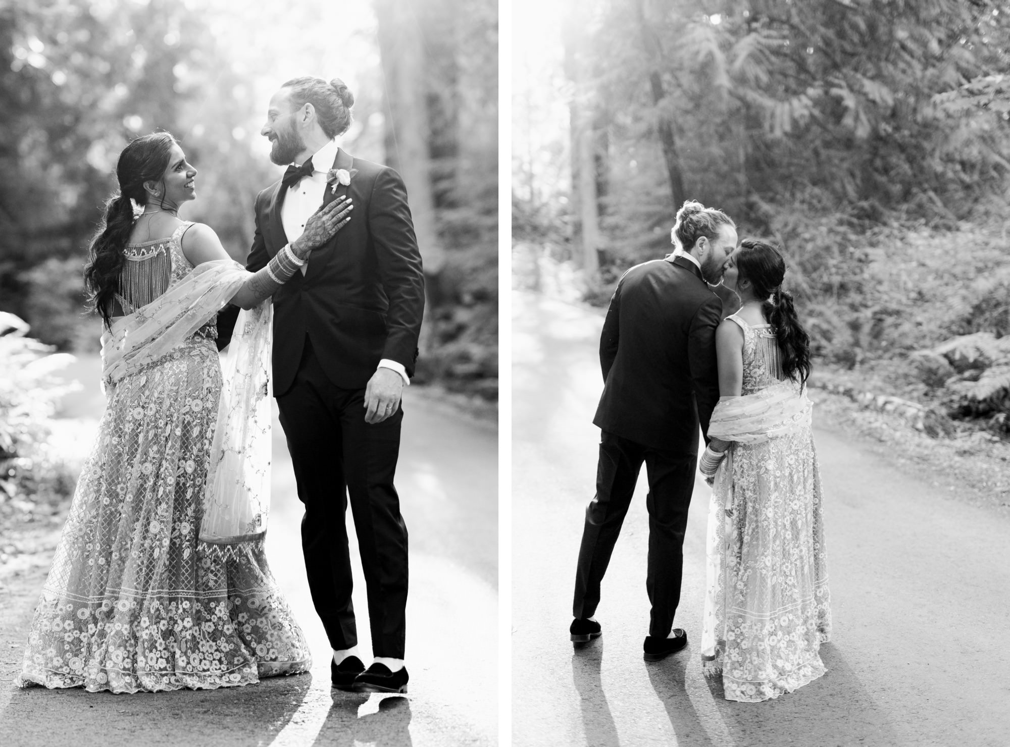 Bride and groom walking hand in hand, sharing a tender look; couple sharing a kiss on the path.