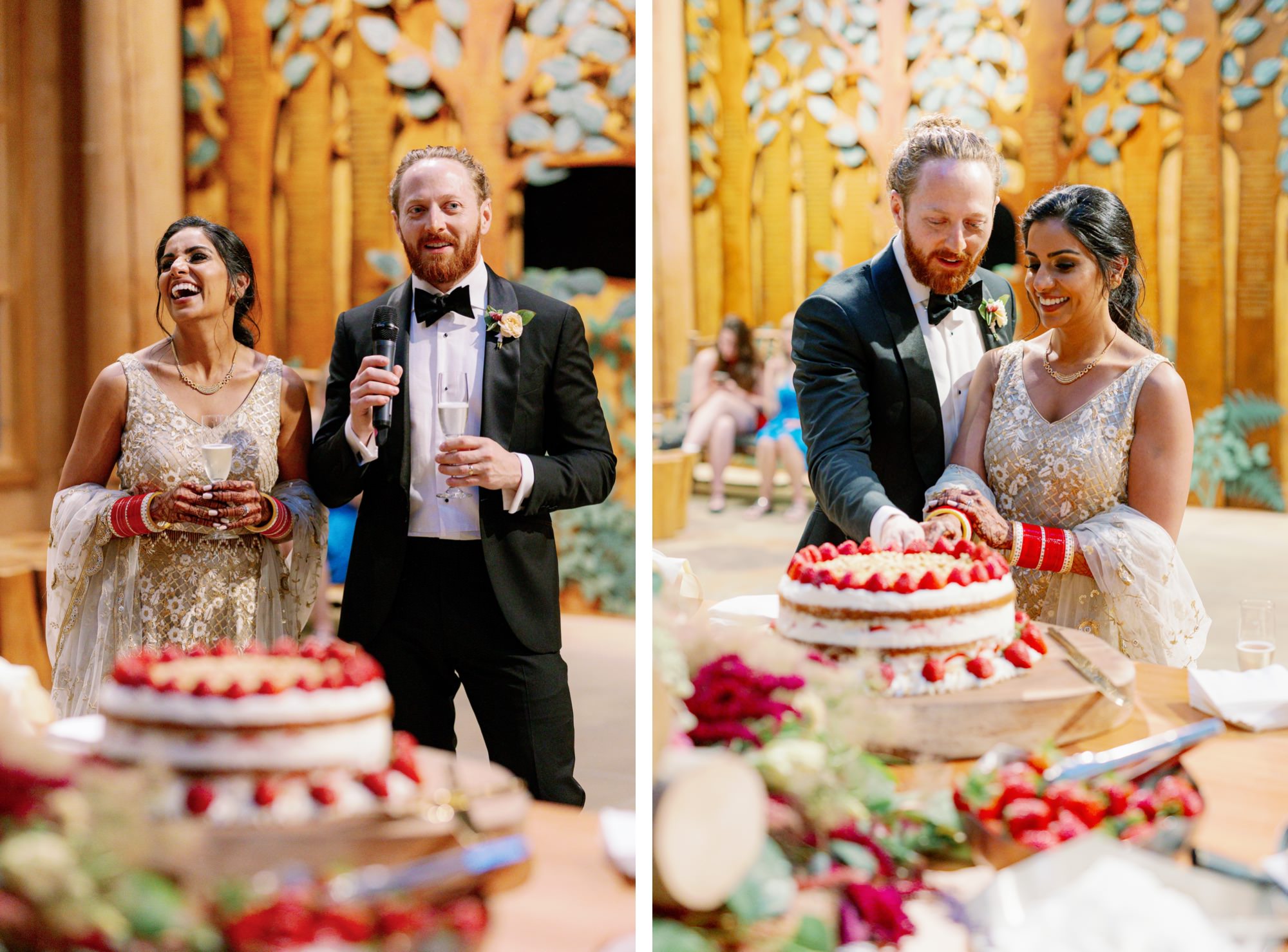 Strawberry and cream wedding cake with floral decorations at IslandWood wedding.