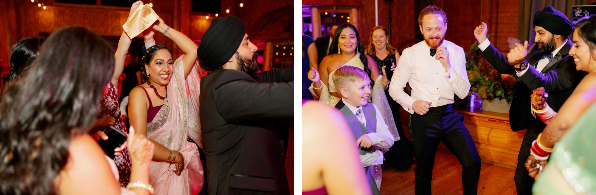 Guests dancing and celebrating on the dancefloor at IslandWood wedding reception.