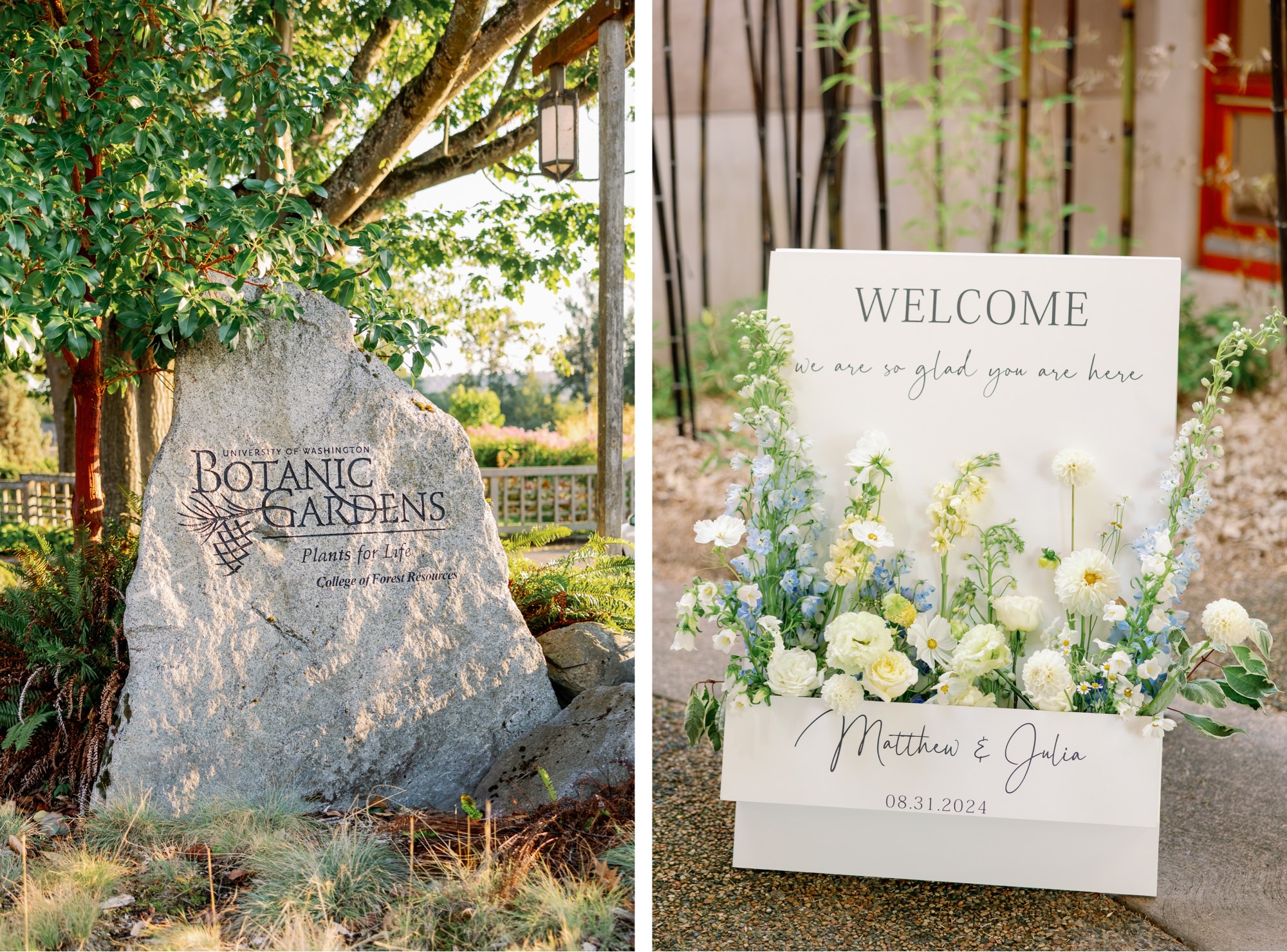 Welcome sign for a wedding at and the sign at Center for Urban Horticulture that reads "University of Washington Botanic Gardens".