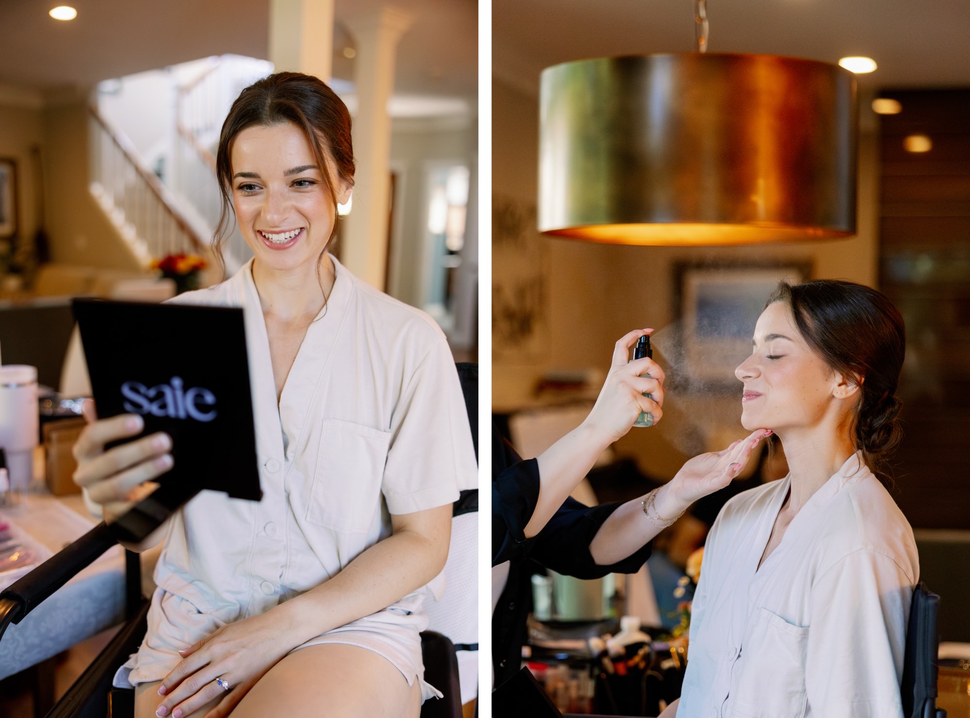 Bride getting her makeup done on her wedding day.