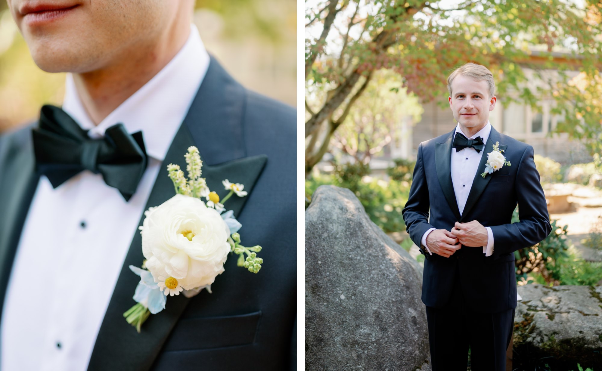 Groom posing for portraits at Center for Urban Horticulture in Seattle.