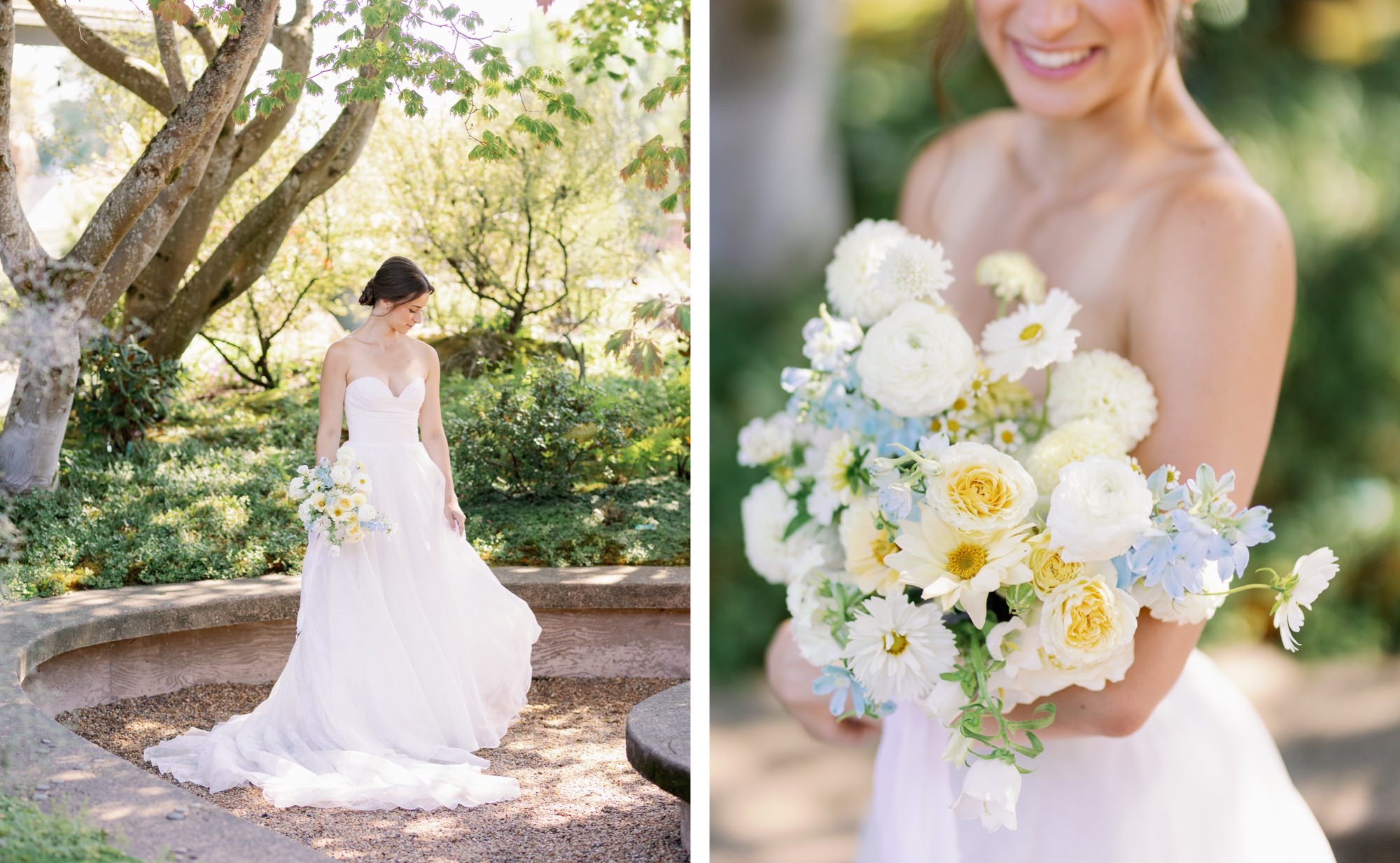 Bride posing for portraits at in the courtyard with greenery in the background.