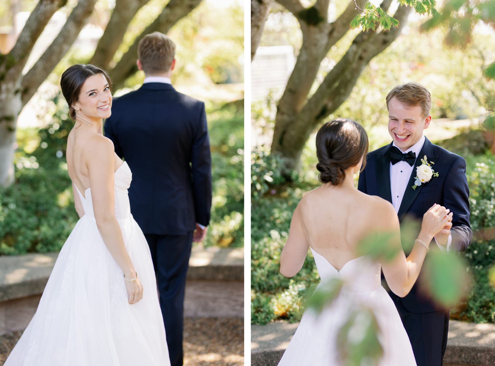 A wedding couple shares a first look in the courtyard at the Center for Urban Horticulture.