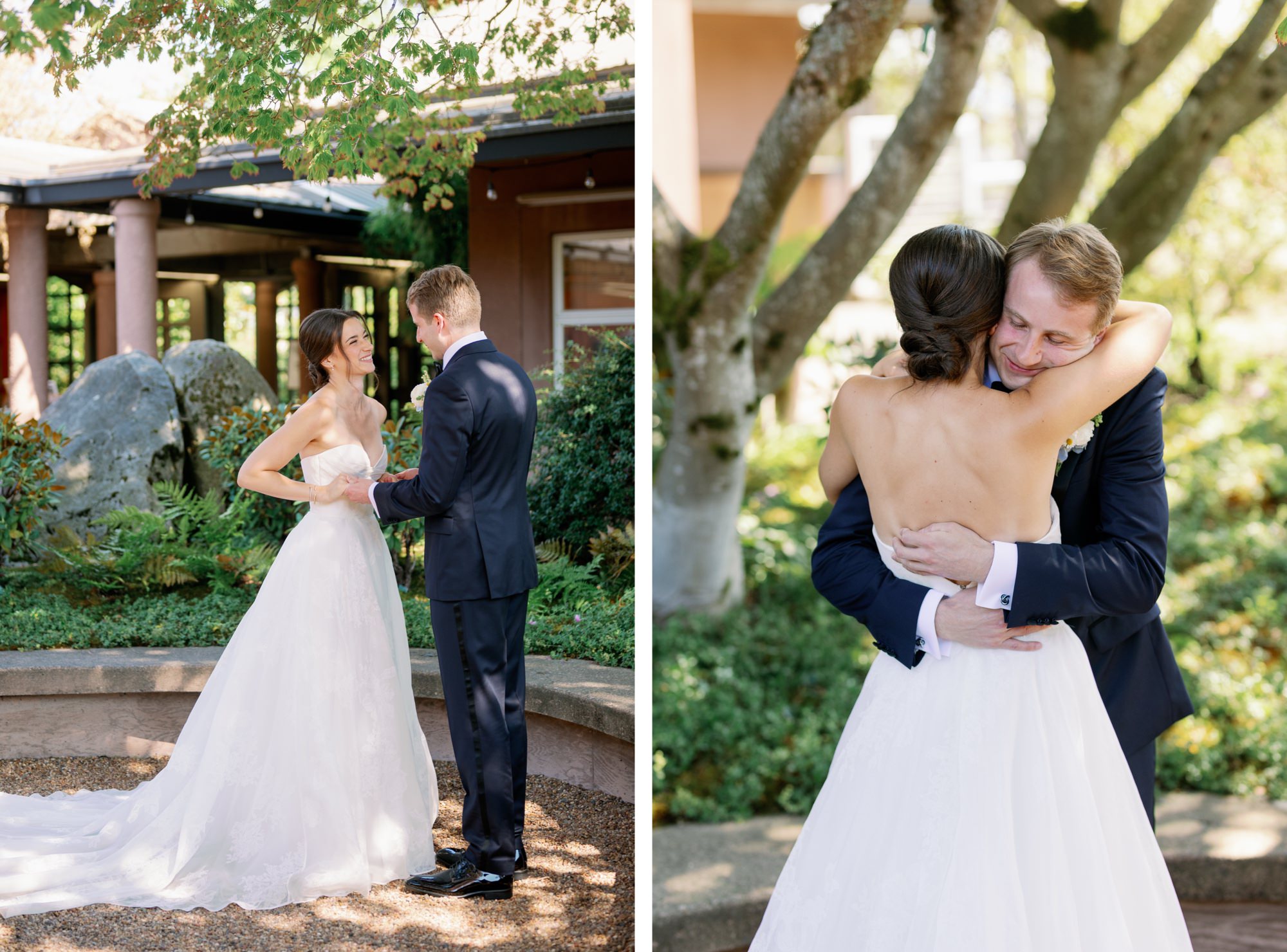 A wedding couple shares a first look in the courtyard. The groom embraces the bride.
