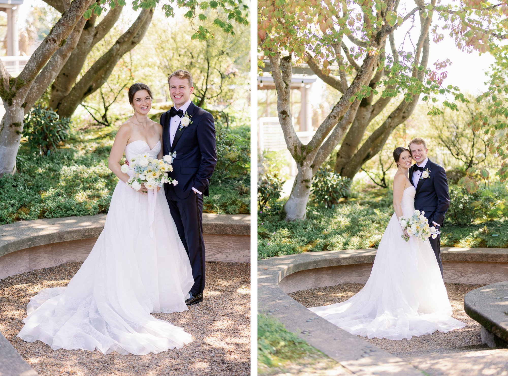 A wedding couple poses for photos in the courtyard.