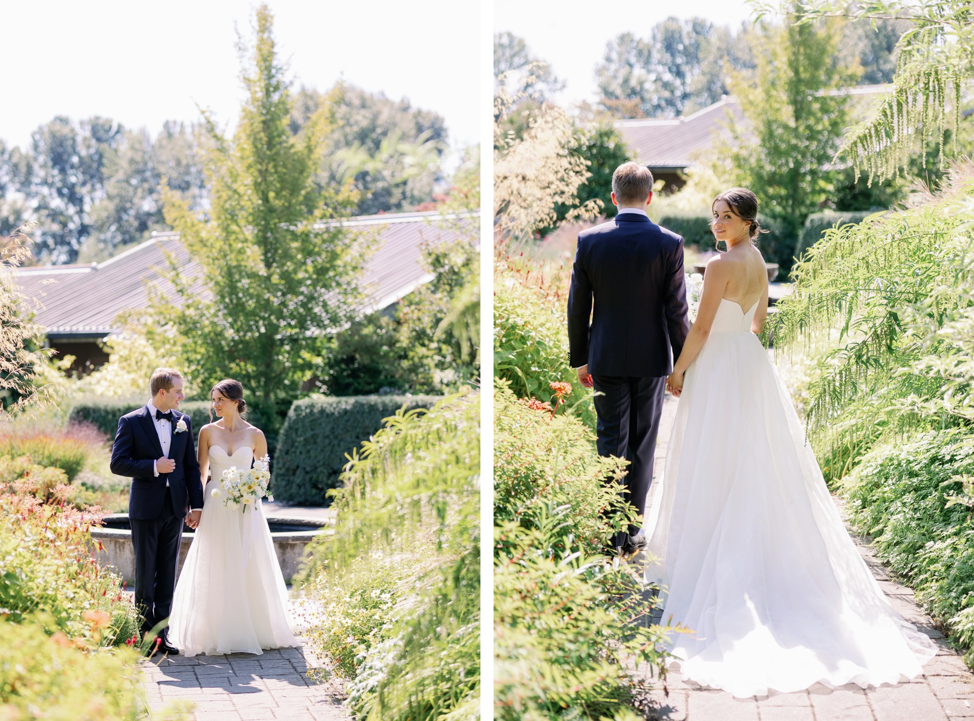 Couple posing for wedding portraits in the garden.