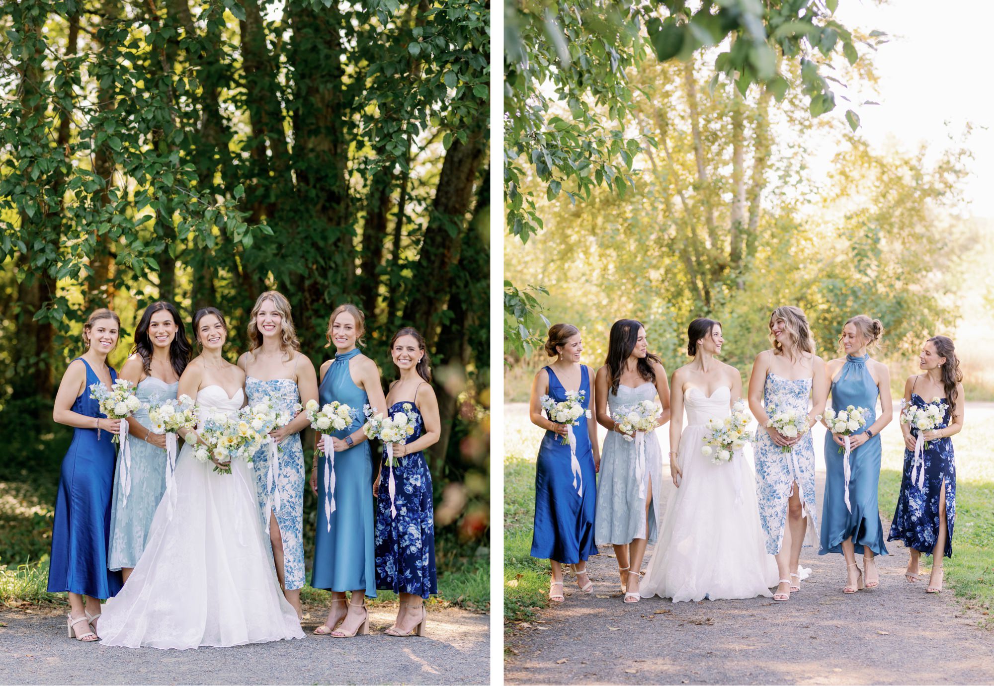 Wedding party photo under the tall trees at the Center for Urban Horticulture, with filtered light and greenery behind the group.