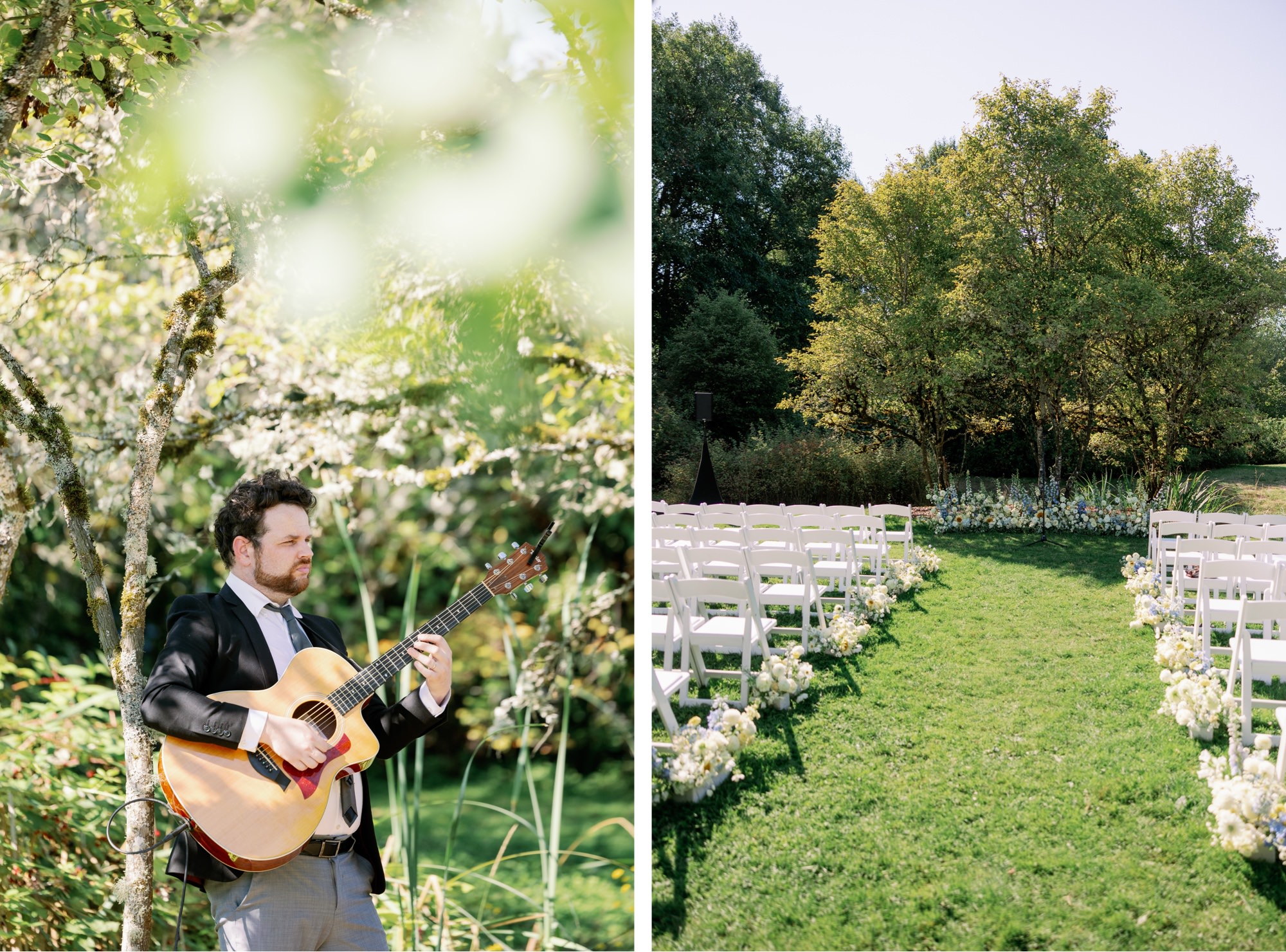 Ceremony set and ready for guests in Goodfellow Grove. A guitarist plays music.