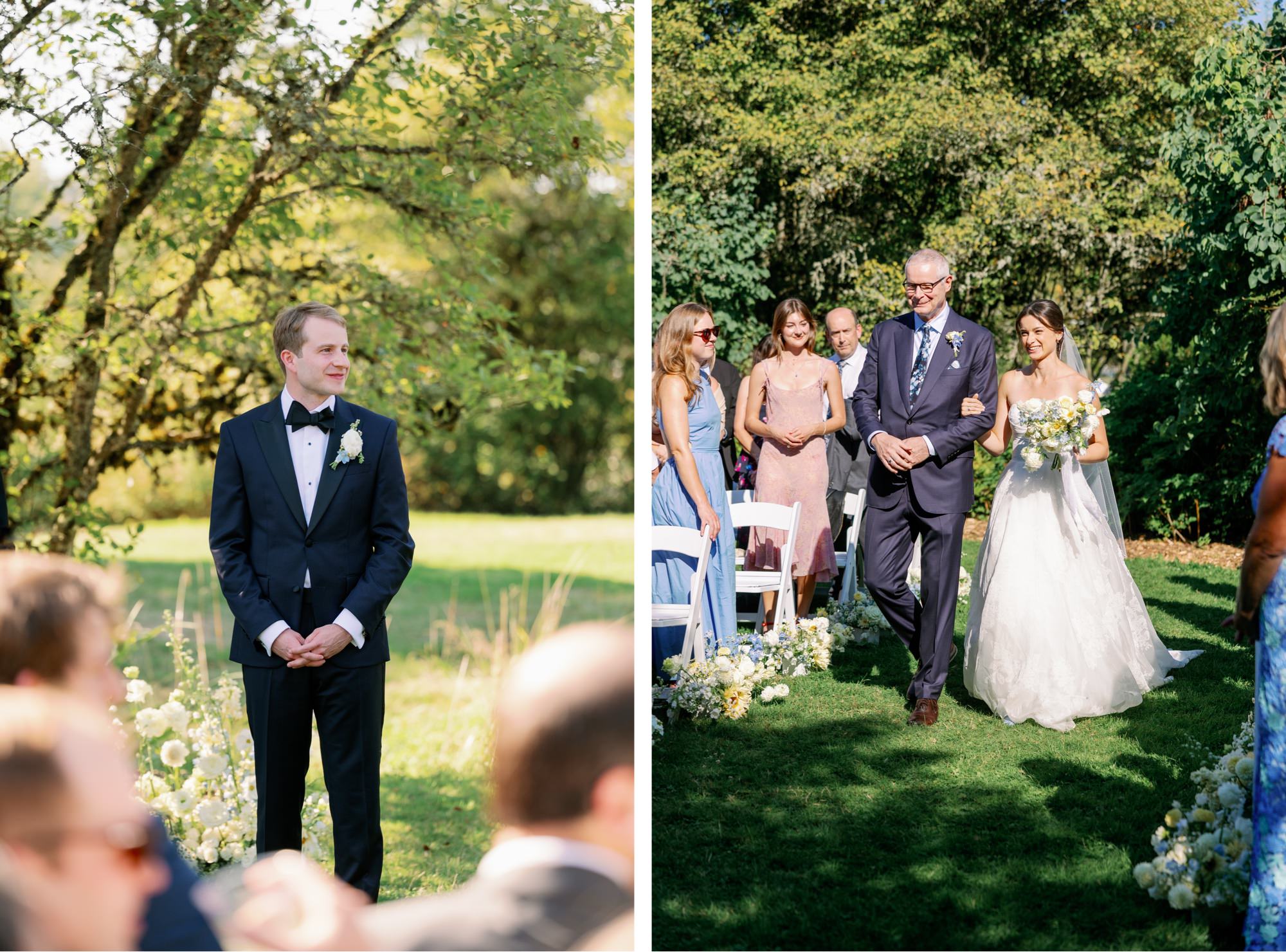 The groom watches as the bride and her father walk down the aisle.