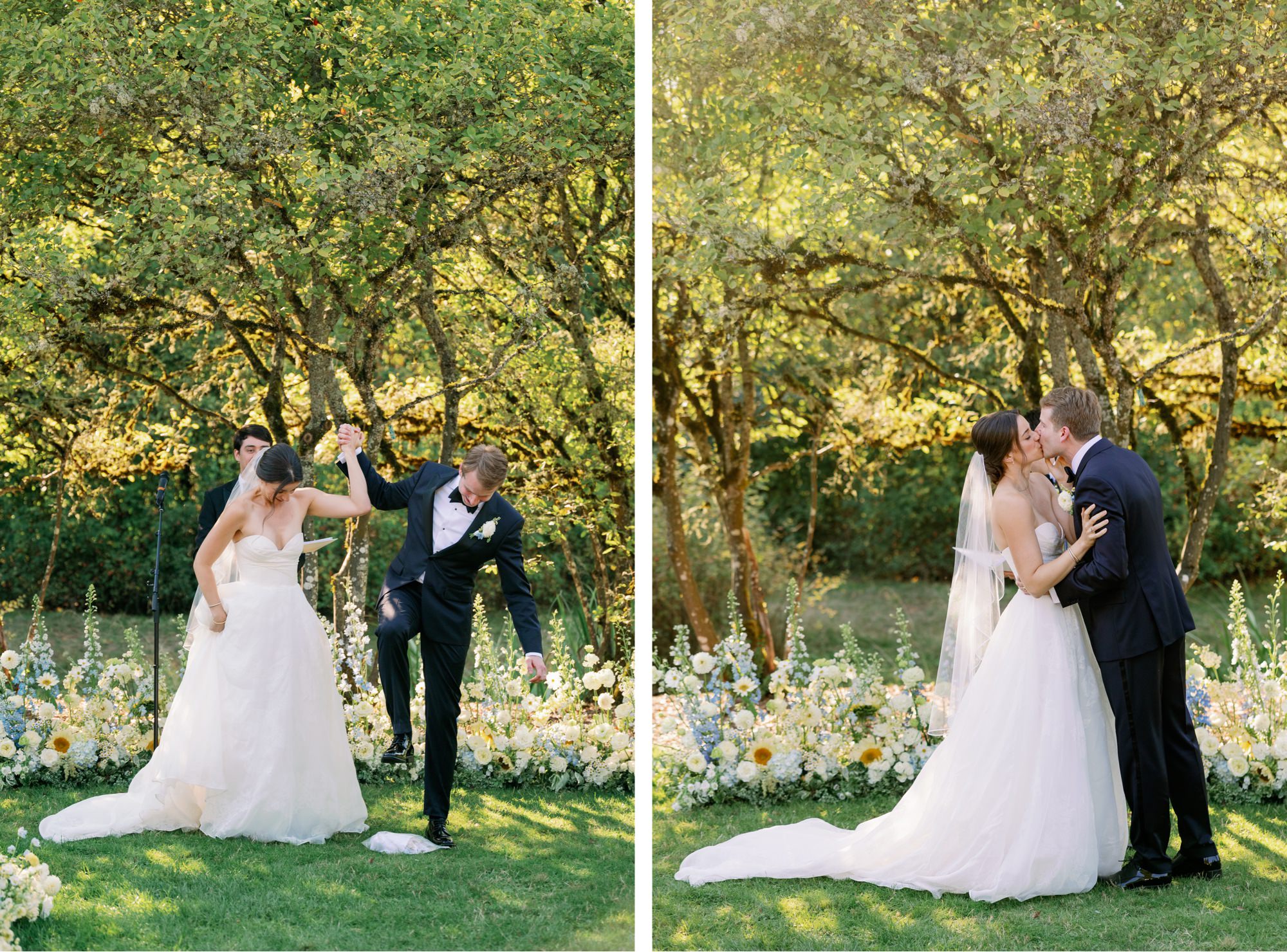 The couple smiles as the groom smashes the glass and the couple kisses marking the end of the ceremony.