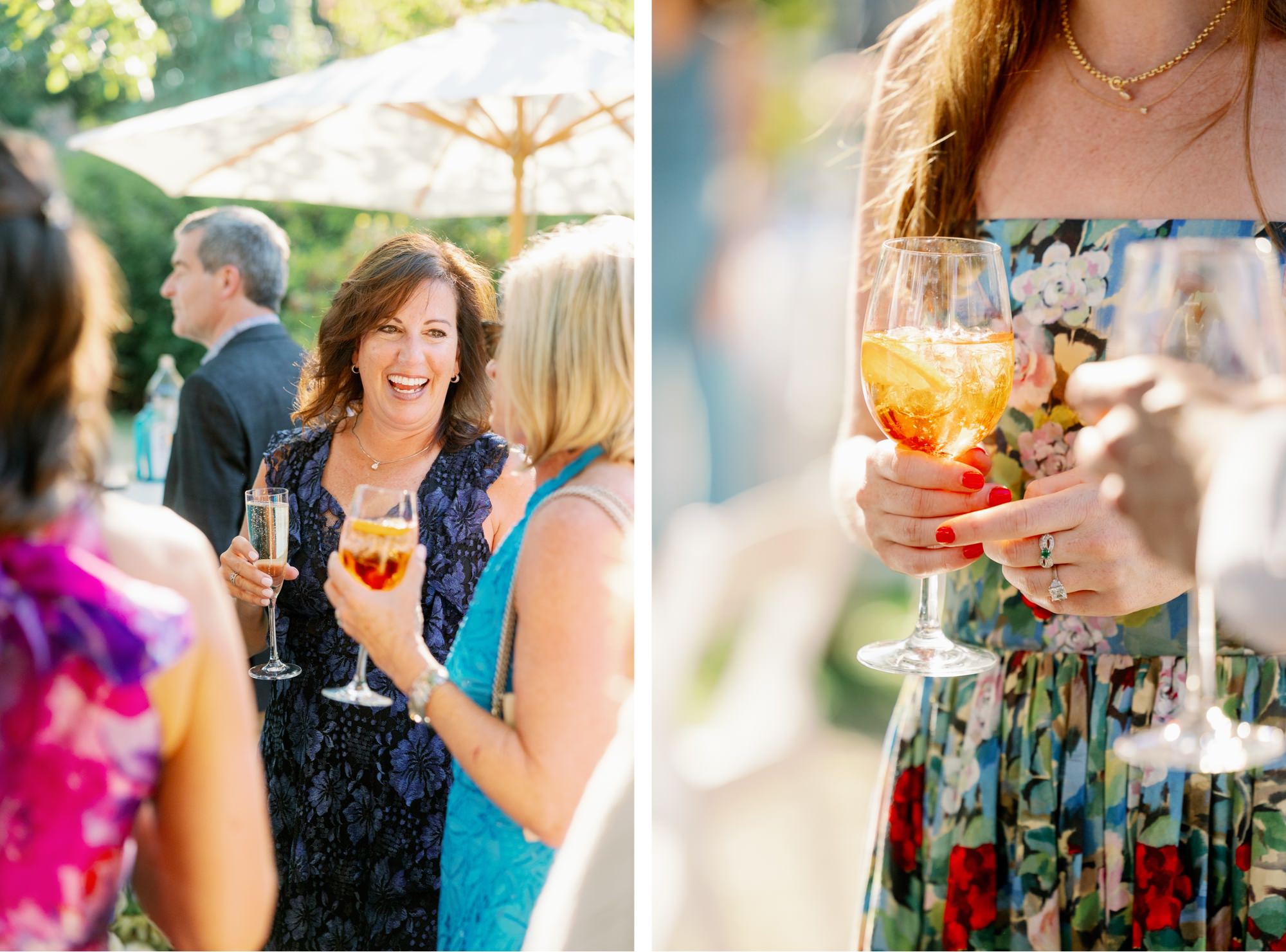 Guests enjoying cocktail hour in the orchard, smiling and holding drinks.