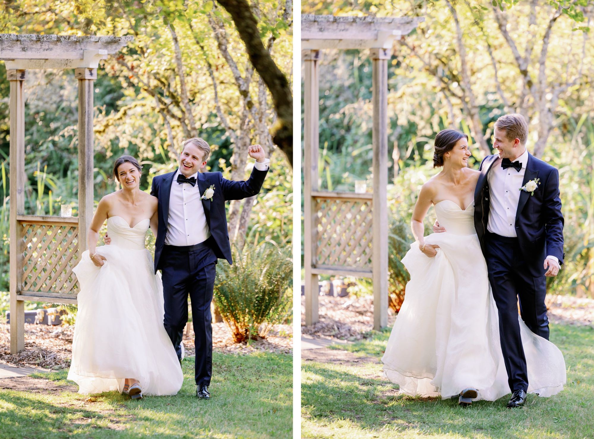 The wedding couple makes their grand entrance to dinner with smiles on their faces.