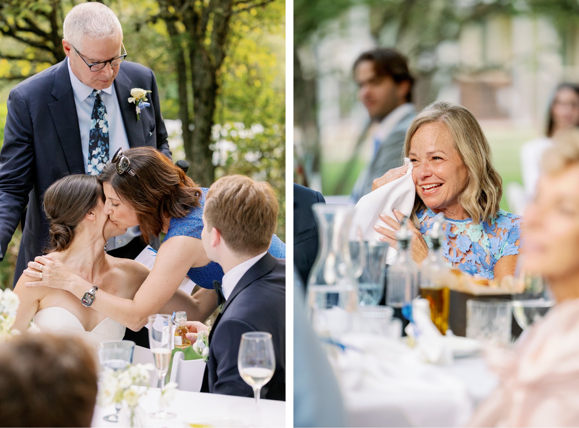 A wedding guest sheds a tear during toasts.