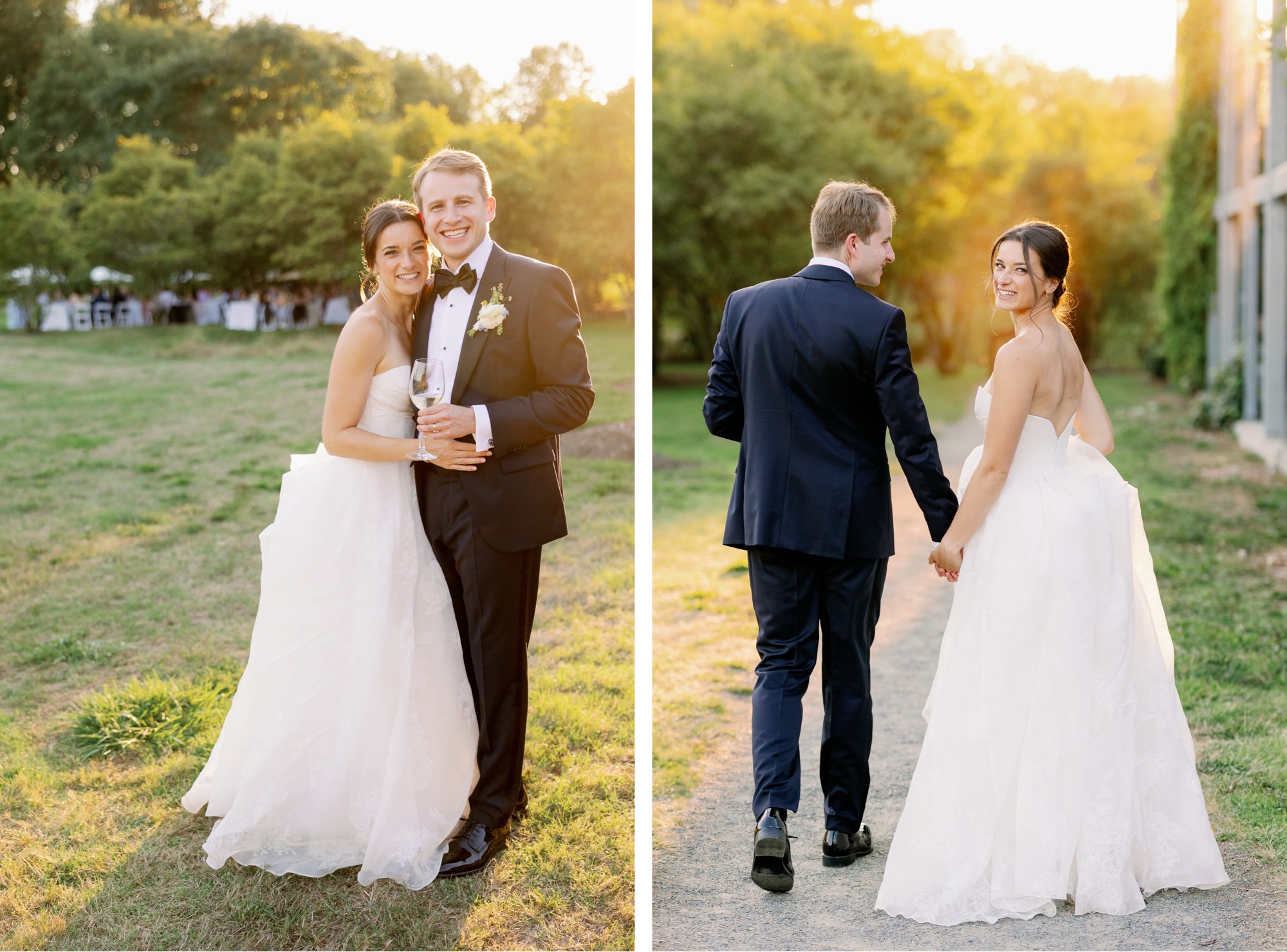 Wedding couple poses for photos on the event lawn next to their reception at Center for Urban Horticulture
