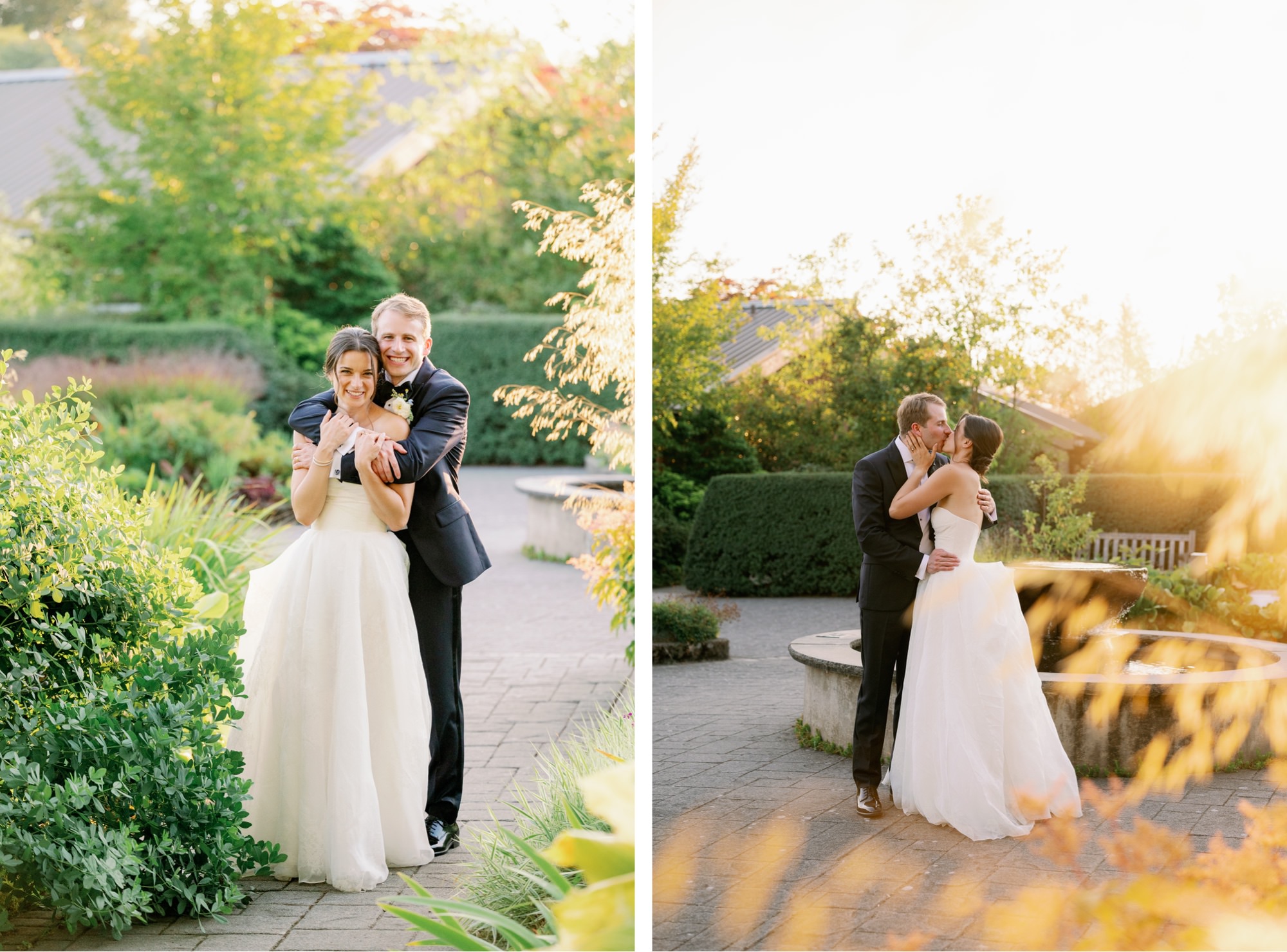 The bride and groom pose for photos in the garden at the Center for Urban Horticulture during golden hour.