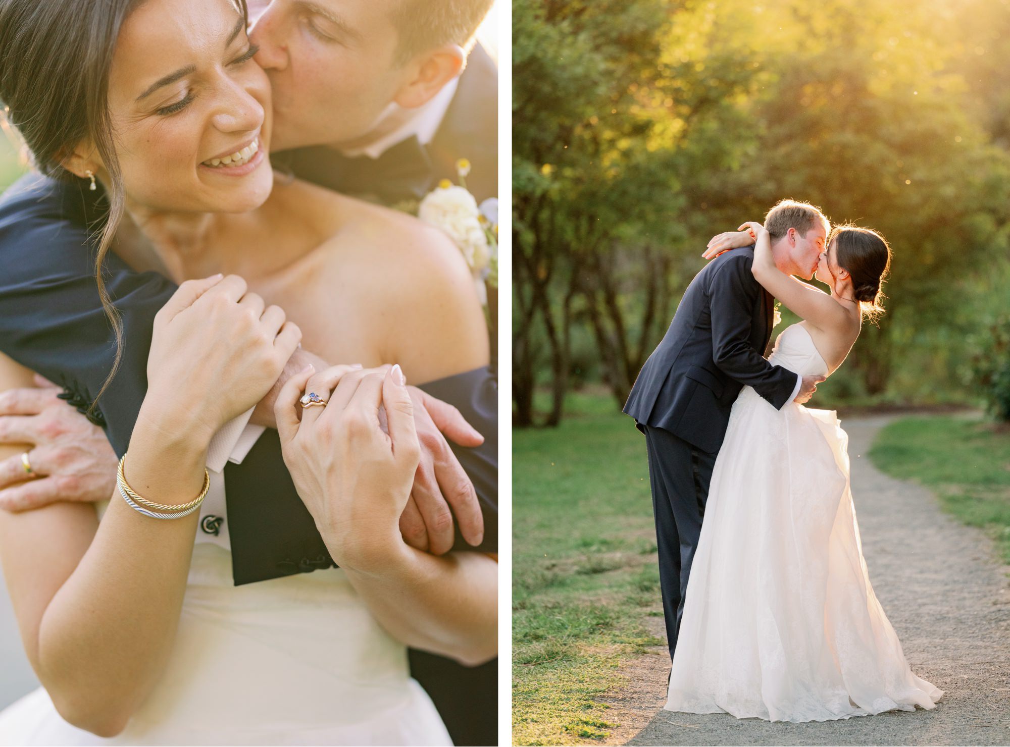 The couple cuddles together during their portrait session at the Center for Urban Horticulture, with soft evening light filtering through the trees.