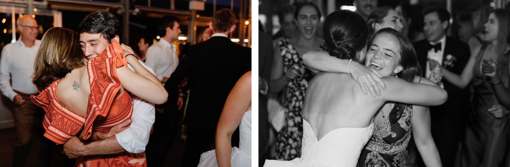 Wedding guests dancing inside the atrium during the reception.