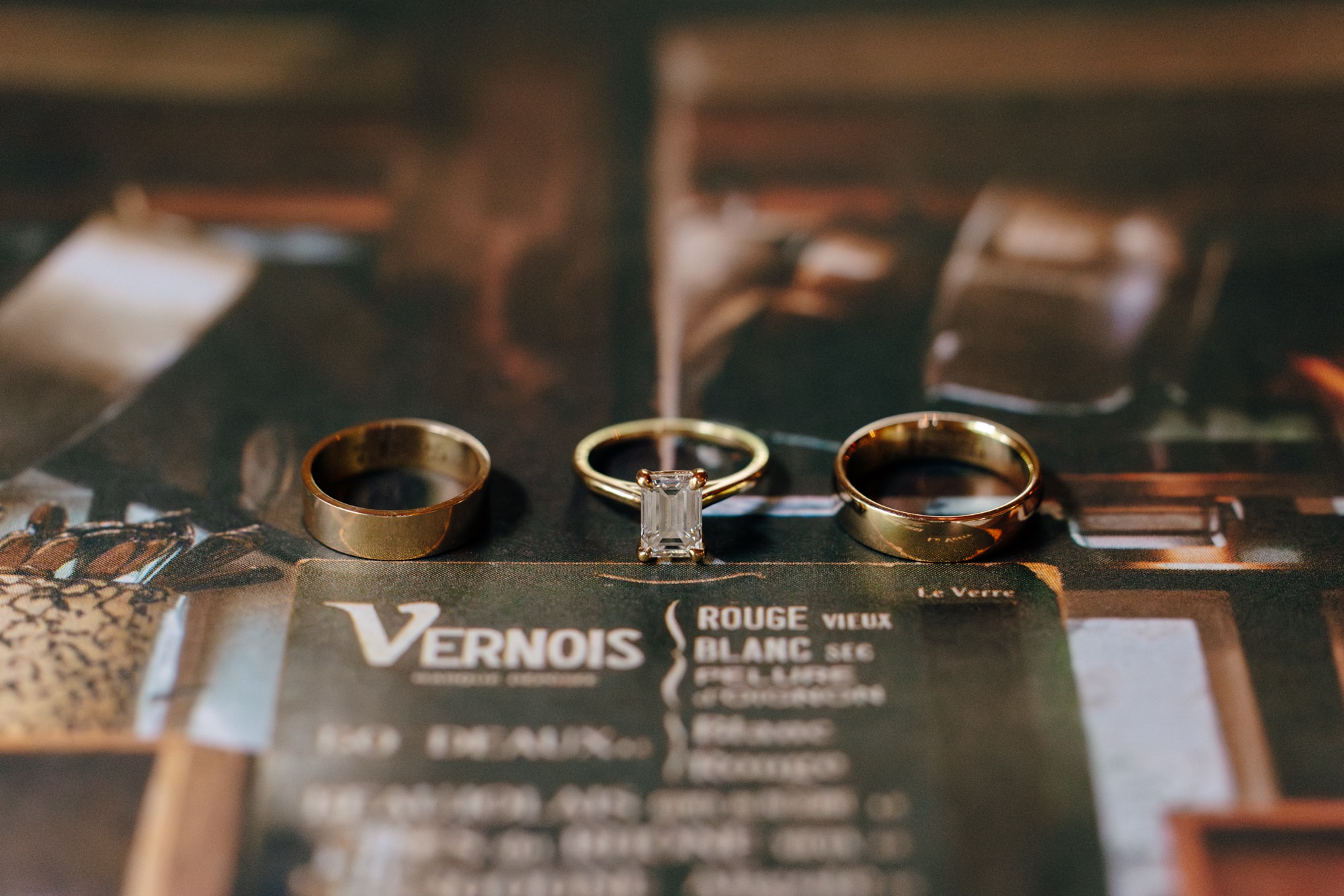 Closeup of wedding rings and an engagement ring