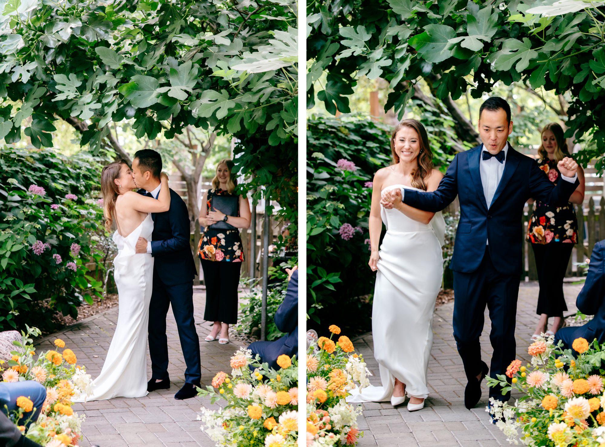 The couple shares their first kiss and celebrates becoming newlyweds.