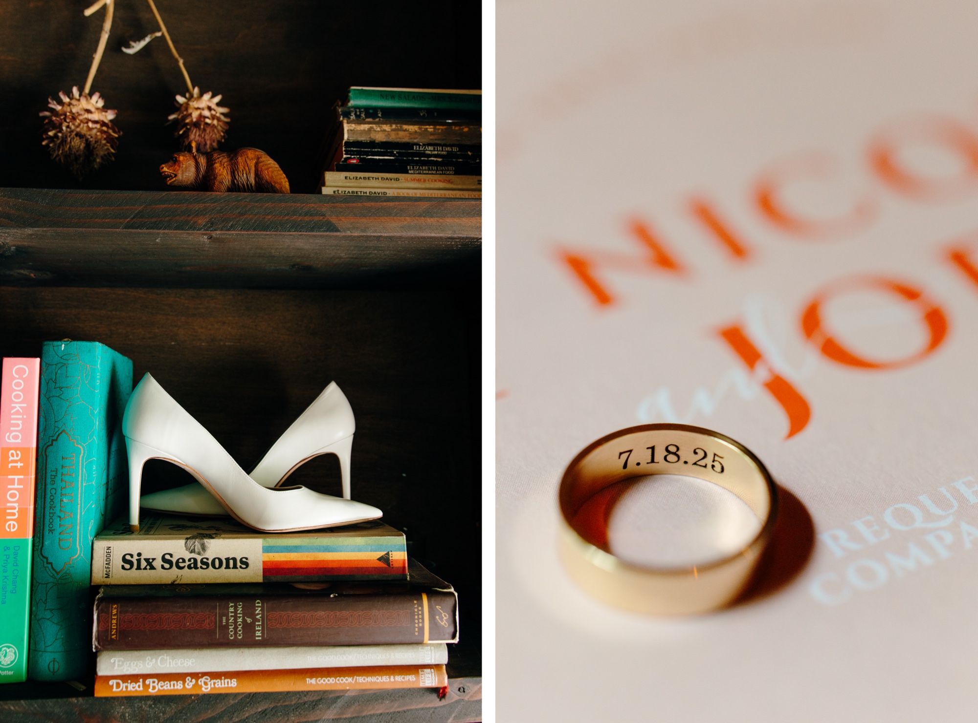 Wedding day details including the bride's shoes and wedding band with the wedding date engraved on the inside.
