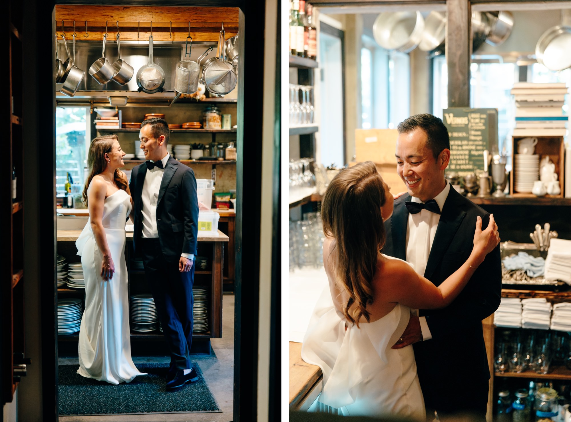 The couple shares a private moment in the kitchen of The Corson Building before joining cocktail hour.