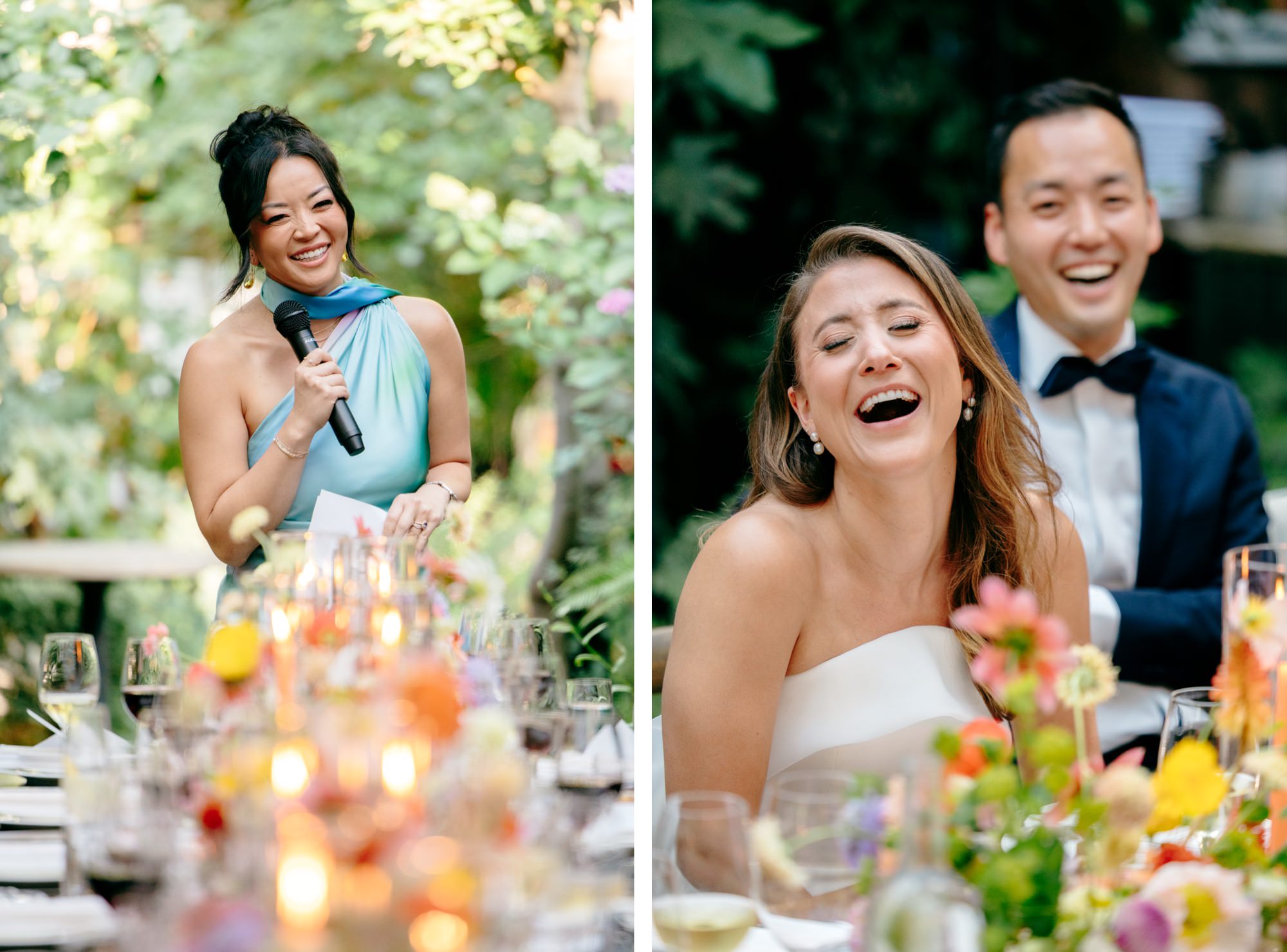 The bride and groom laugh while a guest gives a funny wedding toast.