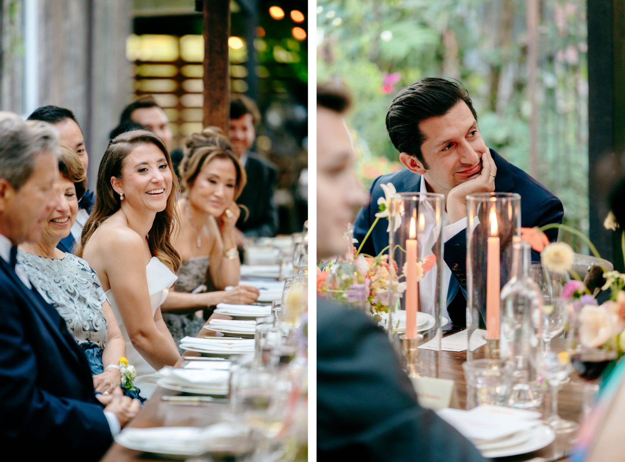 Intimate moment around the dinner table with family and friends, Corson Building wedding celebration