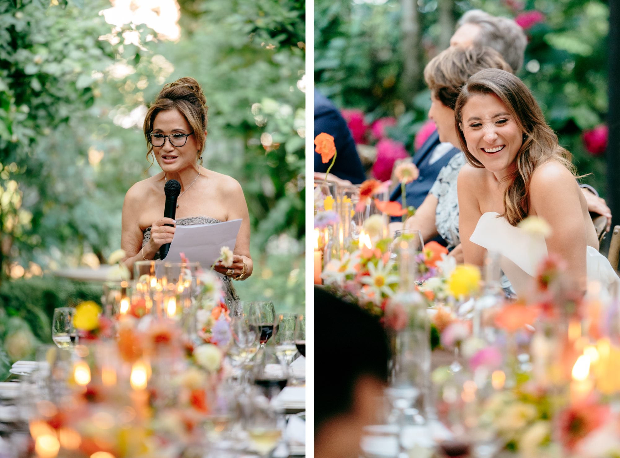 The bride smiles while listening to a wedding speech.