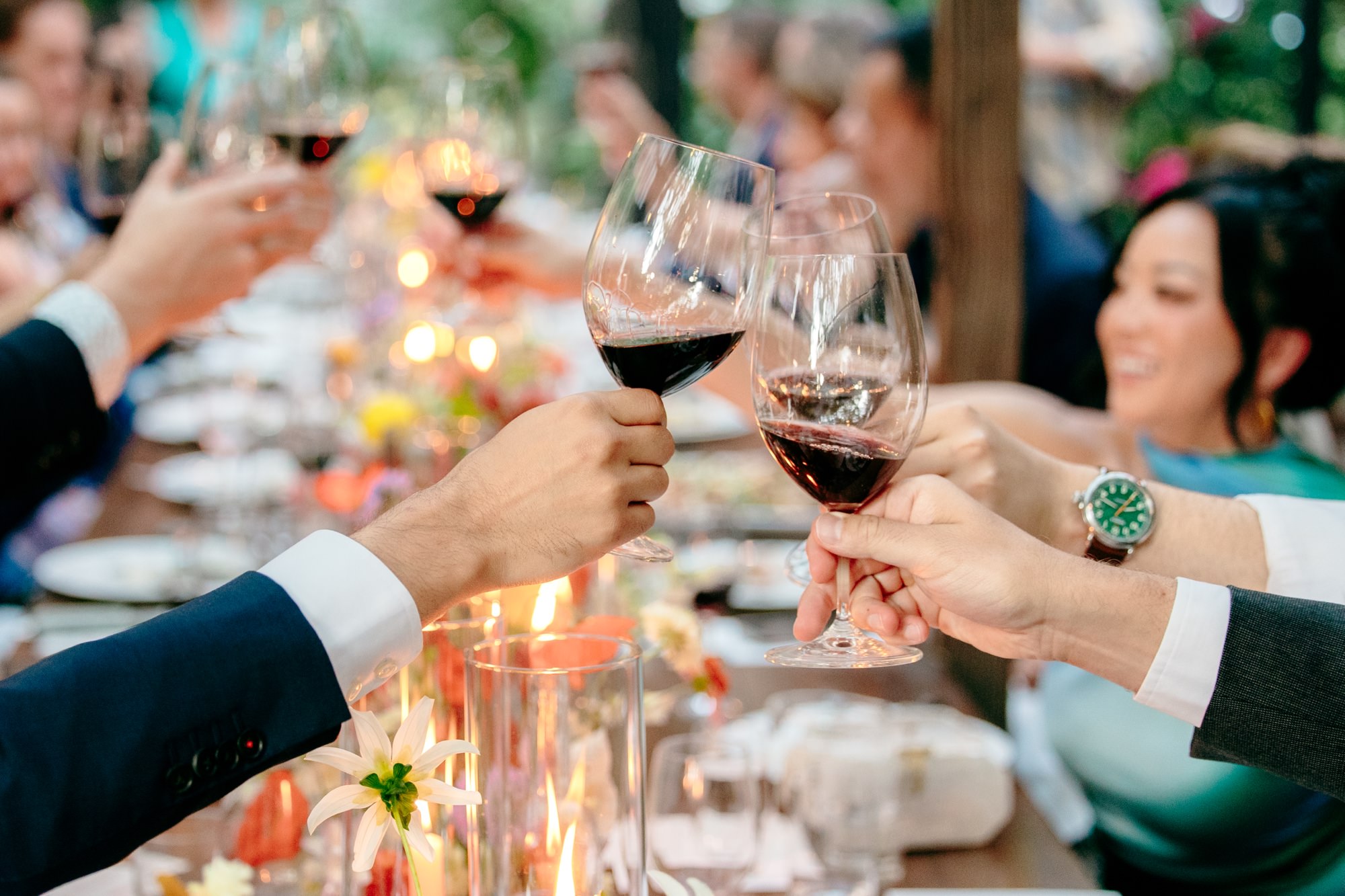 Guests cheers with their wine glasses.