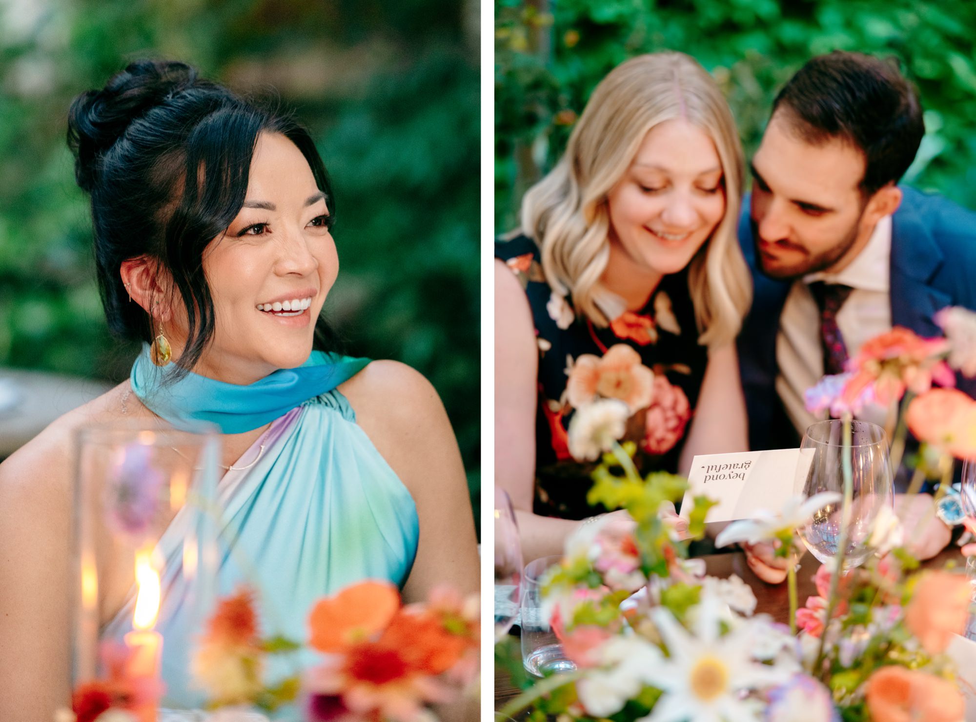 Guests smile while reading thank you notes from the wedding couple.