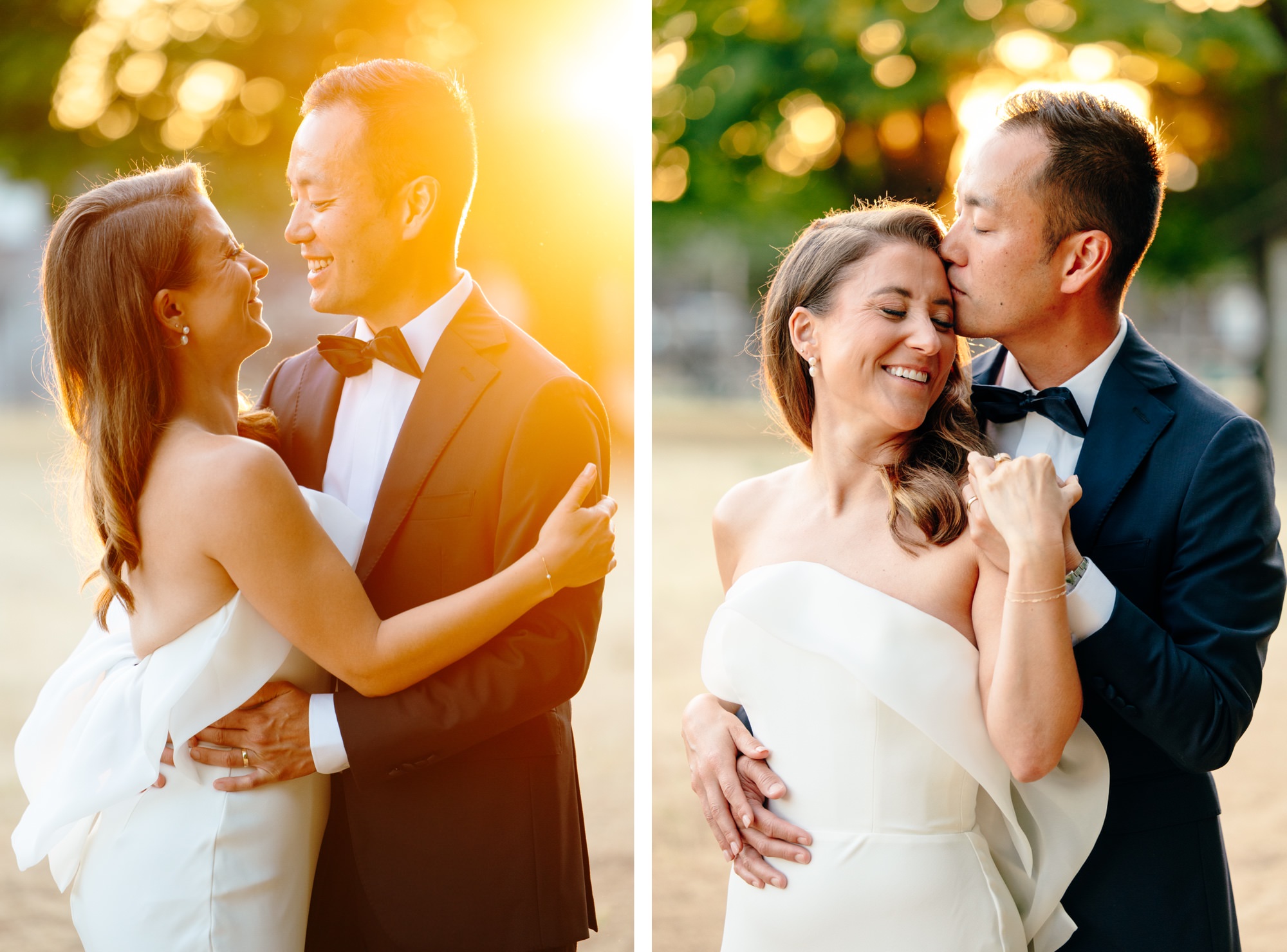 Golden hour portrait of newlyweds outside The Corson Building, capturing warm, intimate light