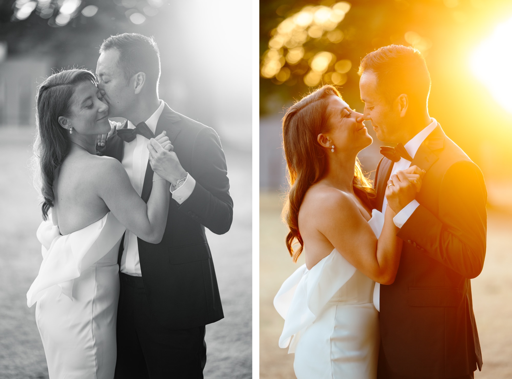 The couple hugs during golden hour portraits.