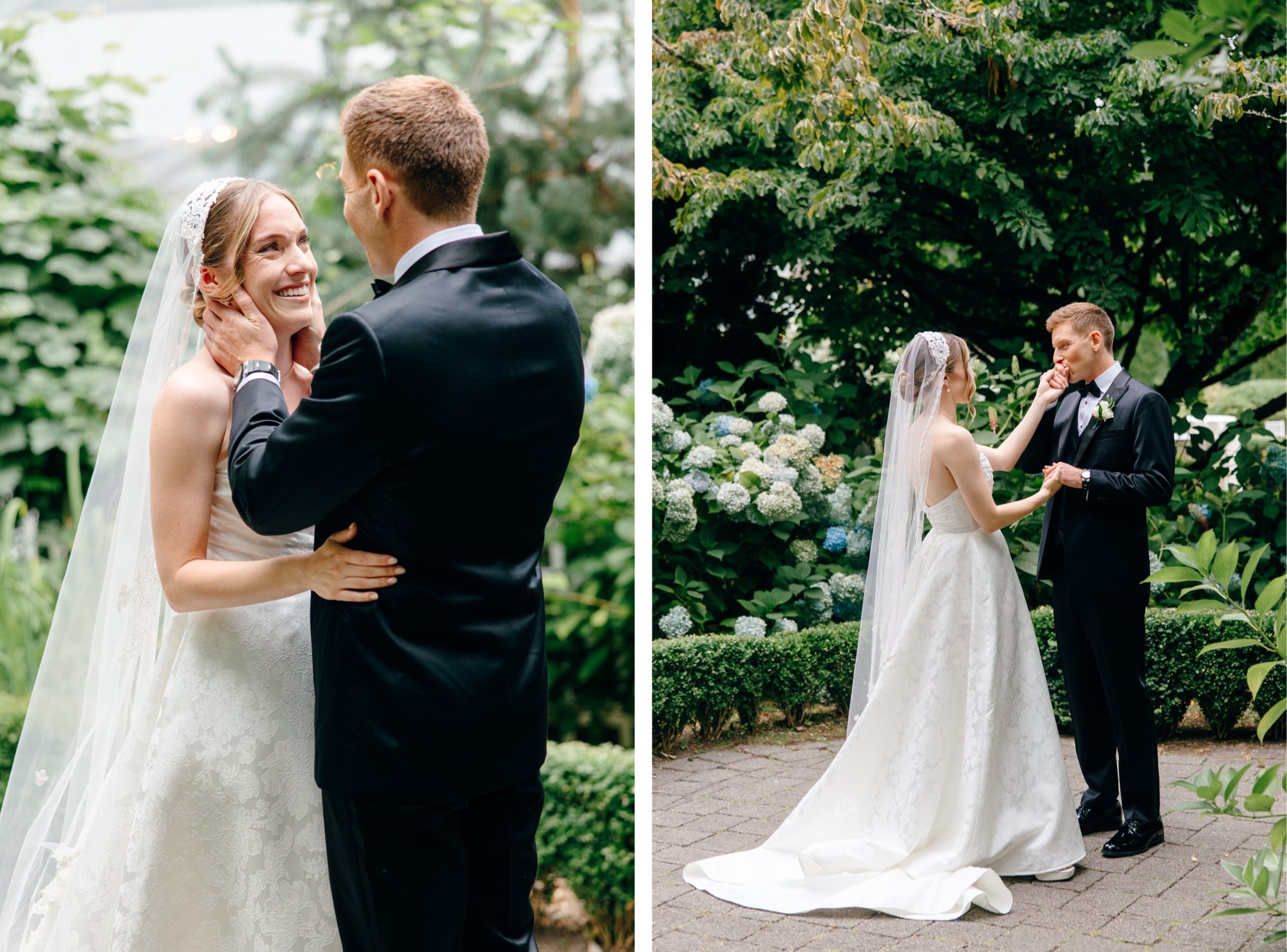 First look between the couple at Fox Hollow Farm, surrounded by lush greenery, perfect for a Seattle outdoor wedding.