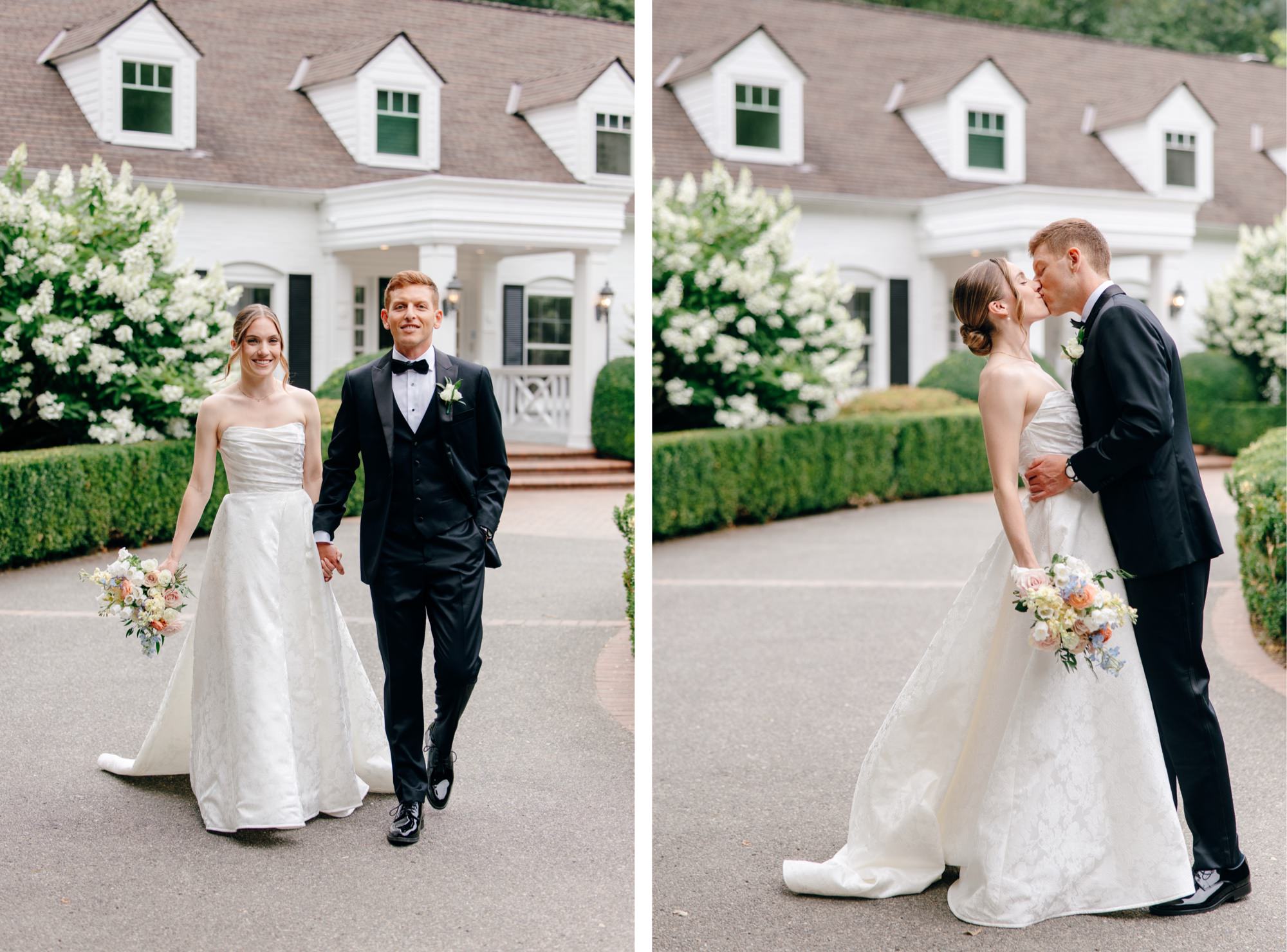 Bride and groom posing in front of the historic manor at Fox Hollow Farm, a scenic Seattle wedding venue.