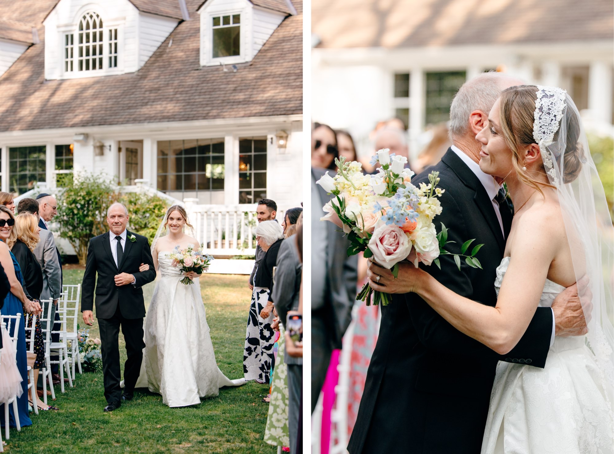 Bride walking down the aisle and hugging her dad at Fox Hollow Farm with the manor in the background.