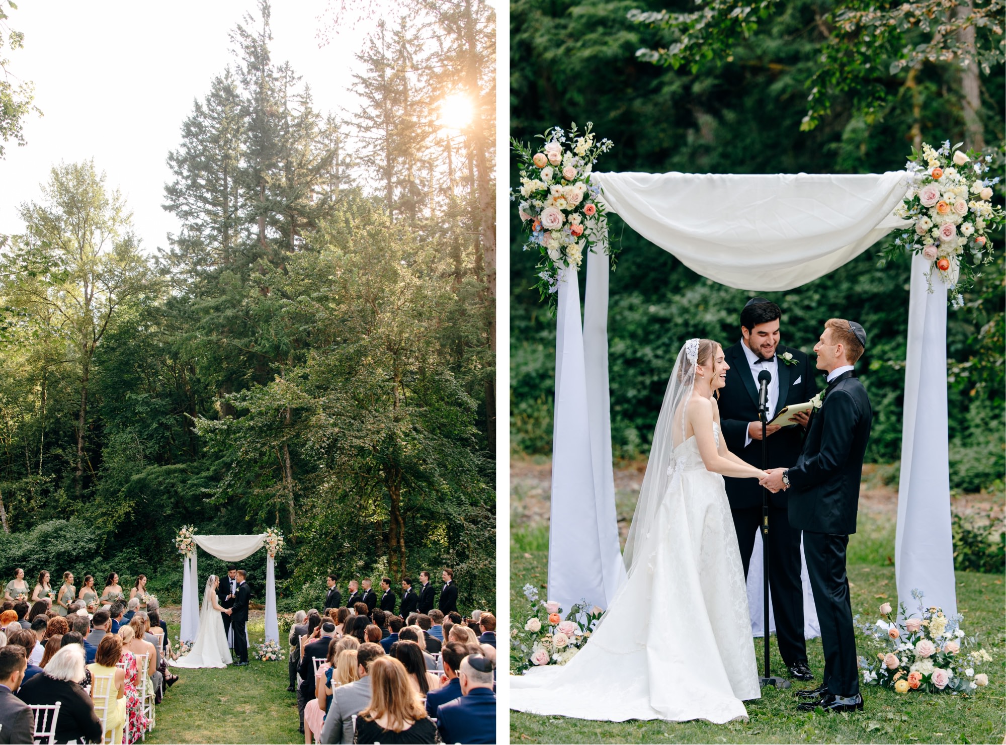 Couple getting married under a chuppah in front of tall trees and a creek at Fox Hollow Farm in Issaquah.