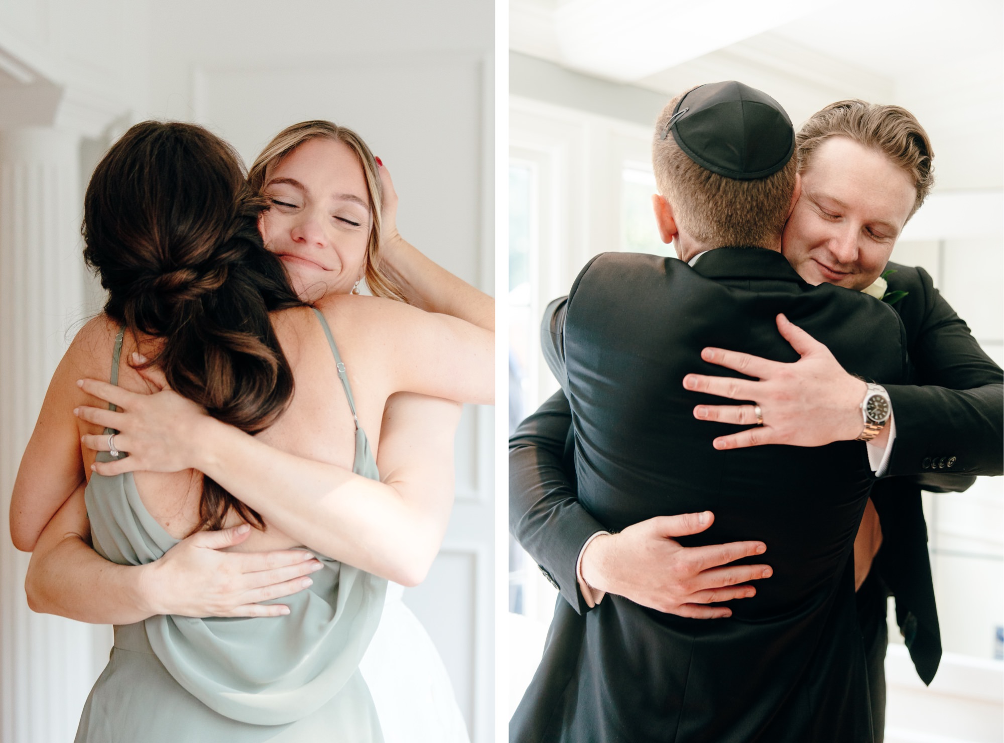 Emotional hugs in the manor after a wedding ceremony at Fox Hollow Farm.