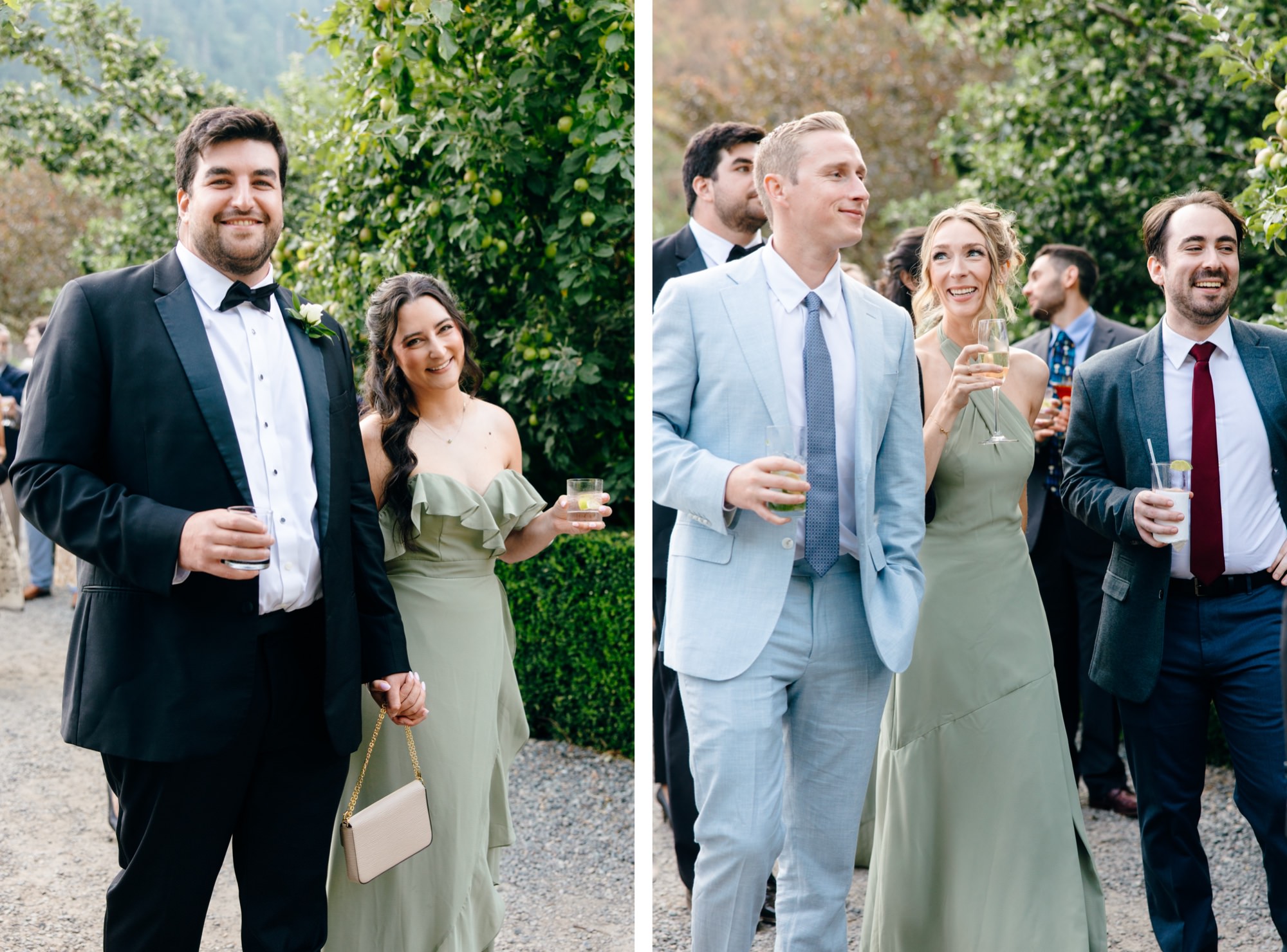 Wedding guests hold drinks and celebrate during cocktail hour at Fox Hollow Farm.