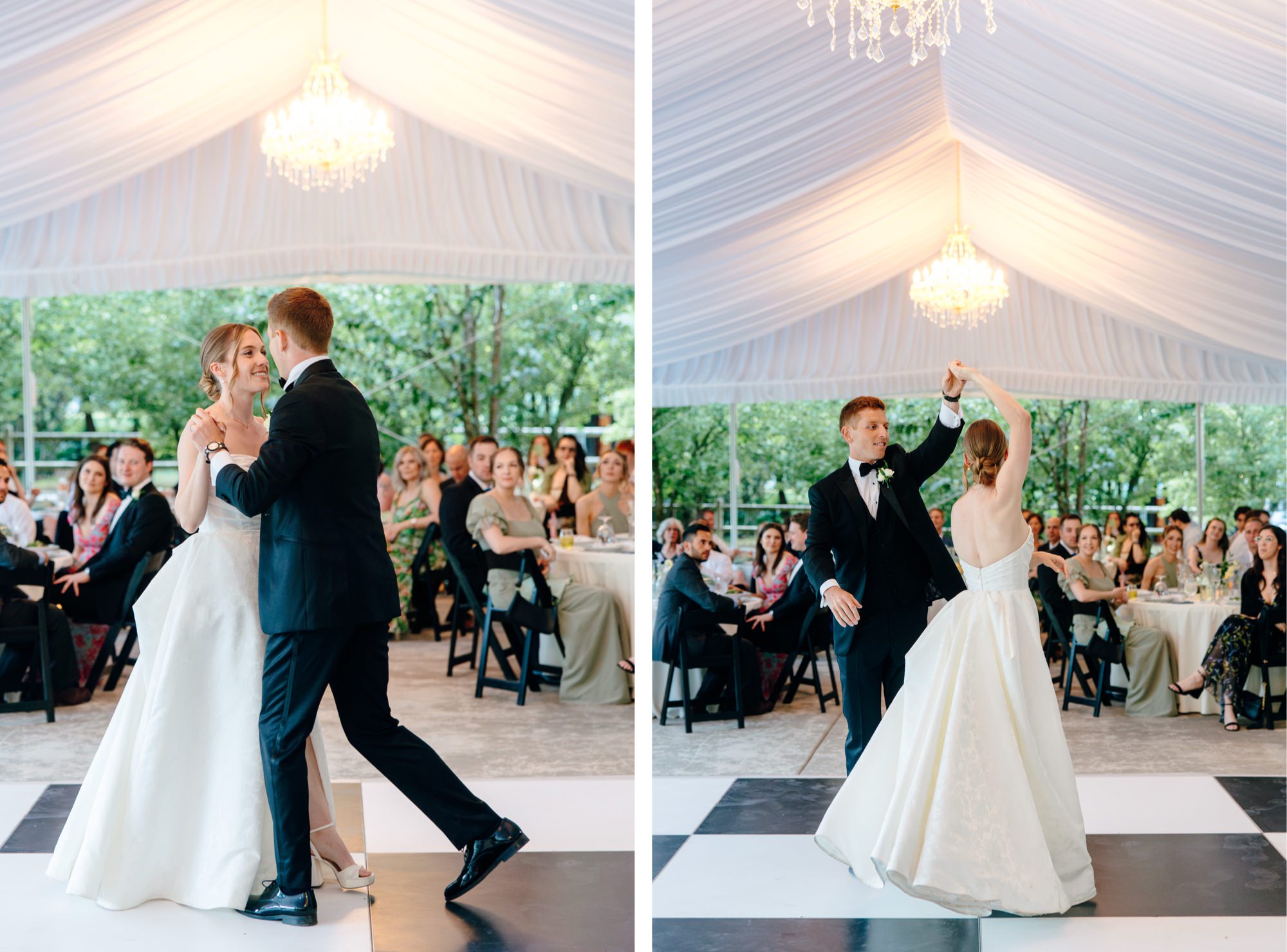 Wedding couple shares a first dance under the reception tent at Fox Hollow Farm.