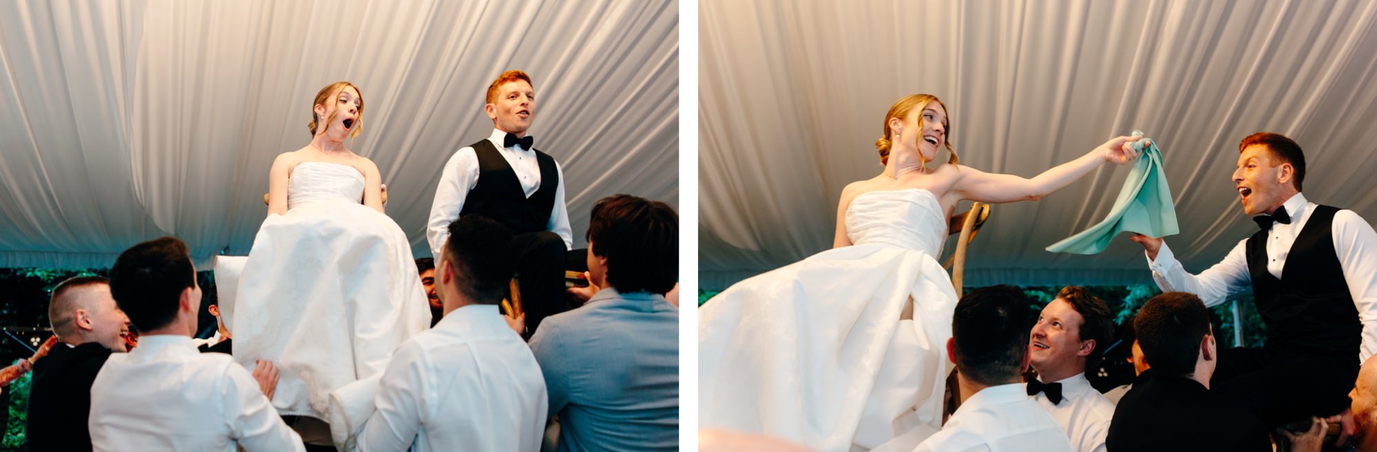 Wedding couple lifted in chairs during the hora under the reception tent at Fox Hollow Farm.