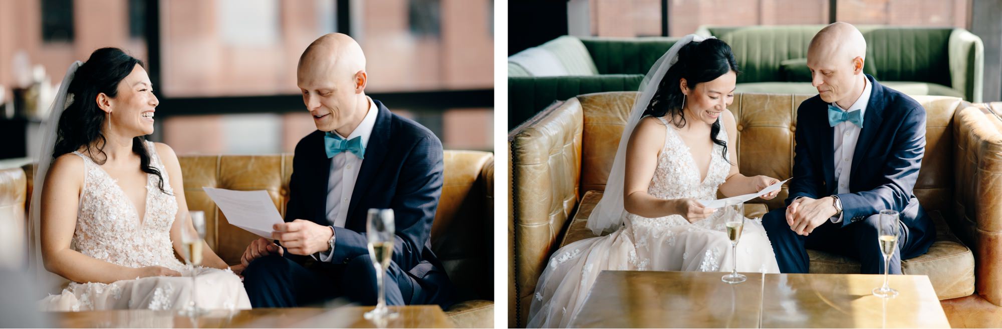 The couple reads their vows during their first look.
